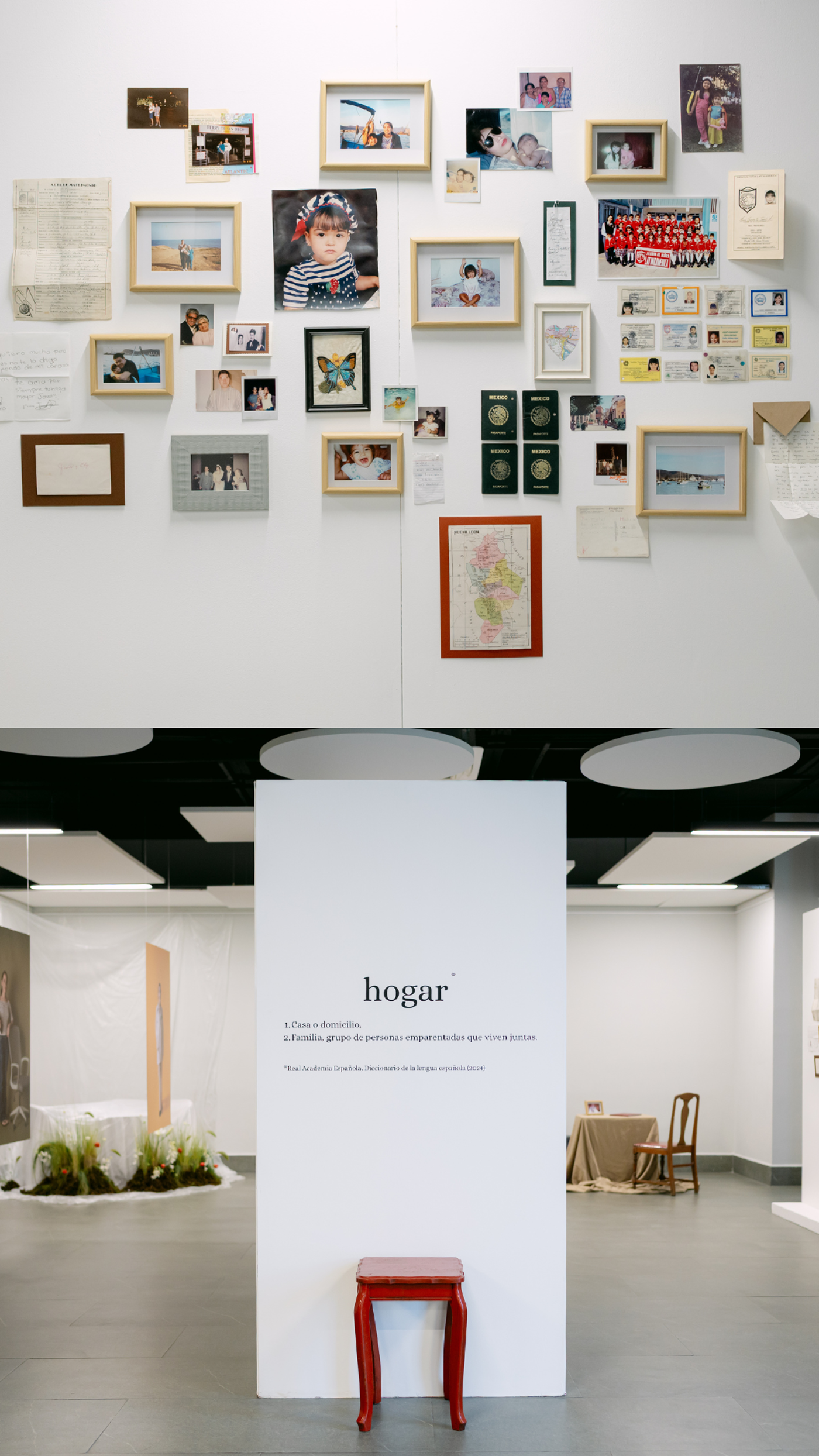The image shows an art installation with a wall covered in framed photos and documents. Below, a white panel displays the word "hogar" with its definition in Spanish, and a red stool sits in front of it.