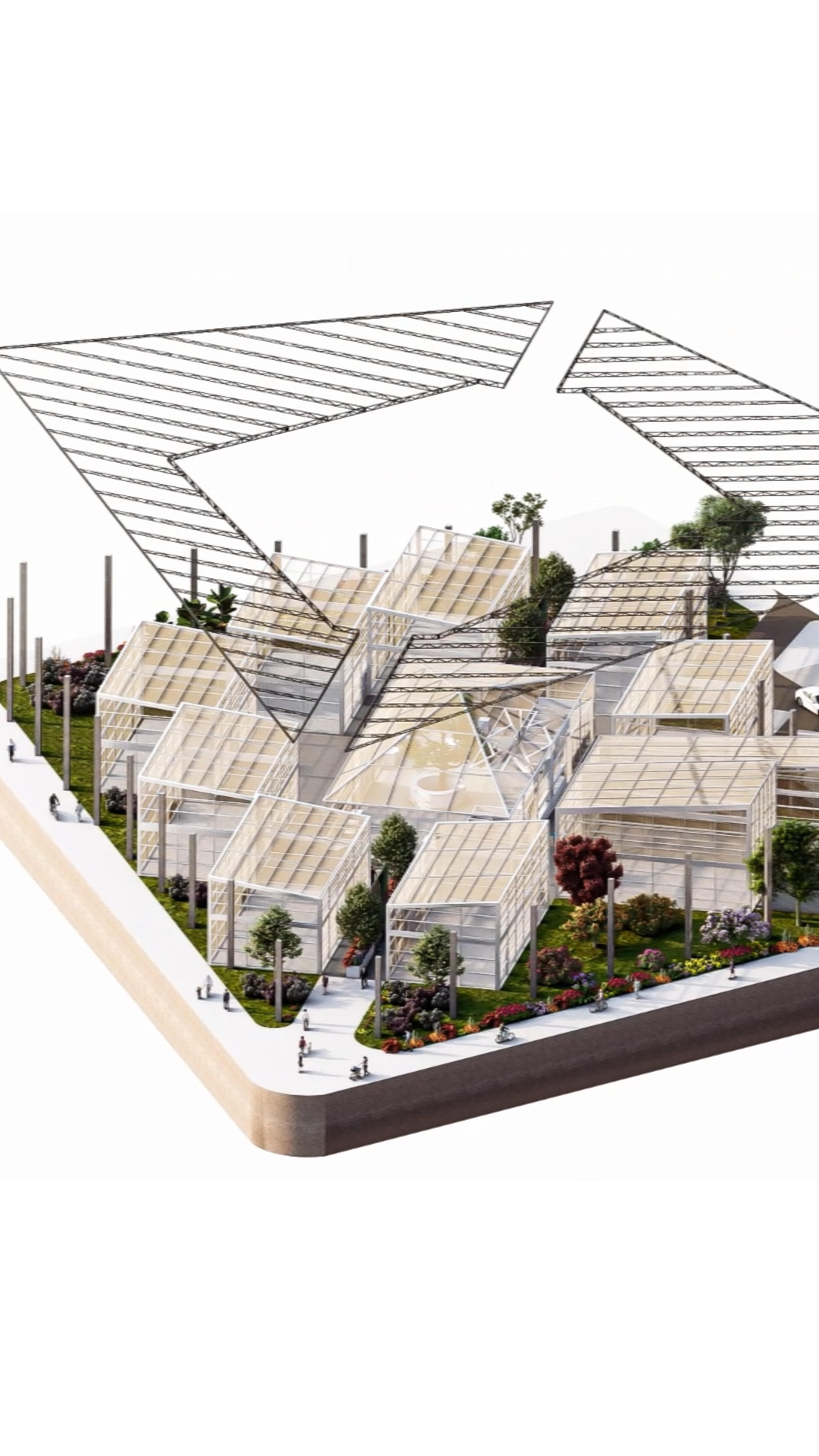 A modern urban greenhouse complex with a unique geometric canopy, surrounded by pedestrian pathways and greenery.