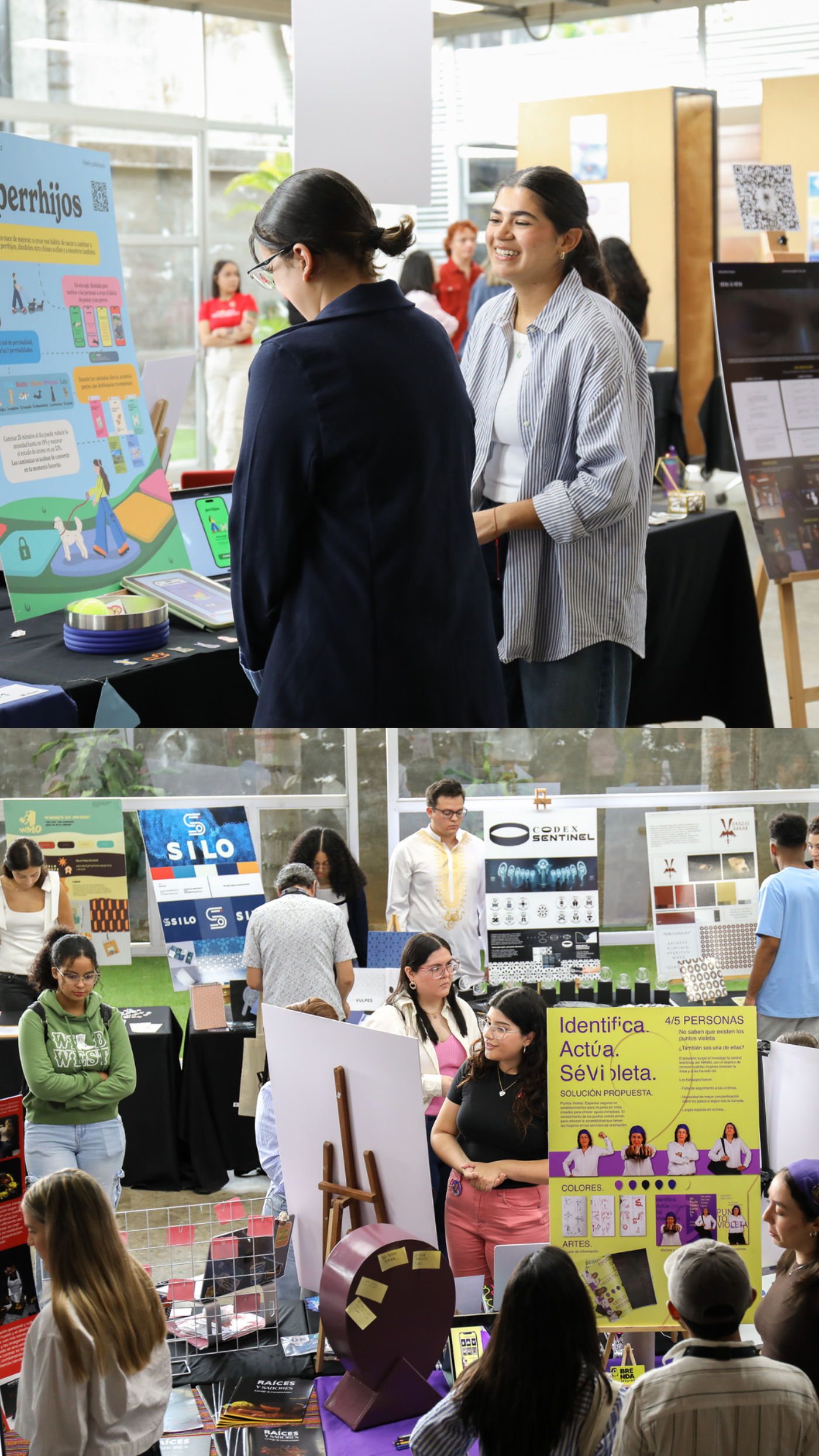 The image shows a bustling scene at what appears to be a college or university event. Students are presenting projects and interacting with attendees, creating a vibrant and engaging atmosphere.