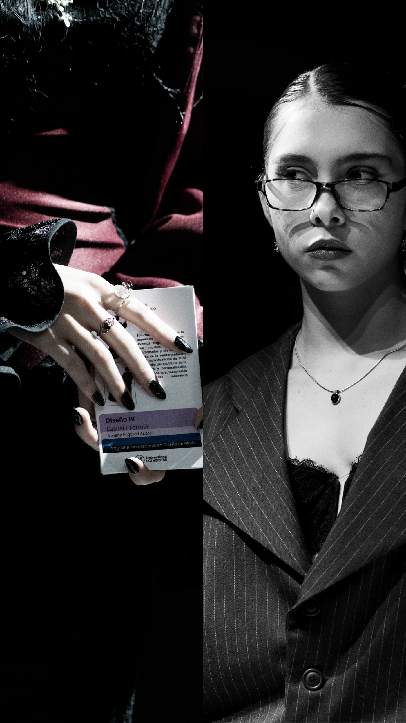 A monochrome image shows a woman in glasses and a pinstripe suit looking to the side. A hand with dark nail polish offers her a small package. The scene has a dramatic, noir-like quality.