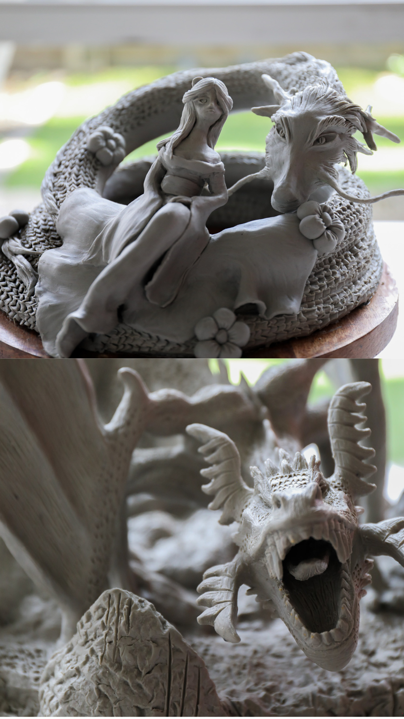 The image shows two close-up shots of detailed clay sculptures. The top image features a woman riding a dragon, while the bottom image showcases a dragon's head with an open mouth, revealing intricate details.