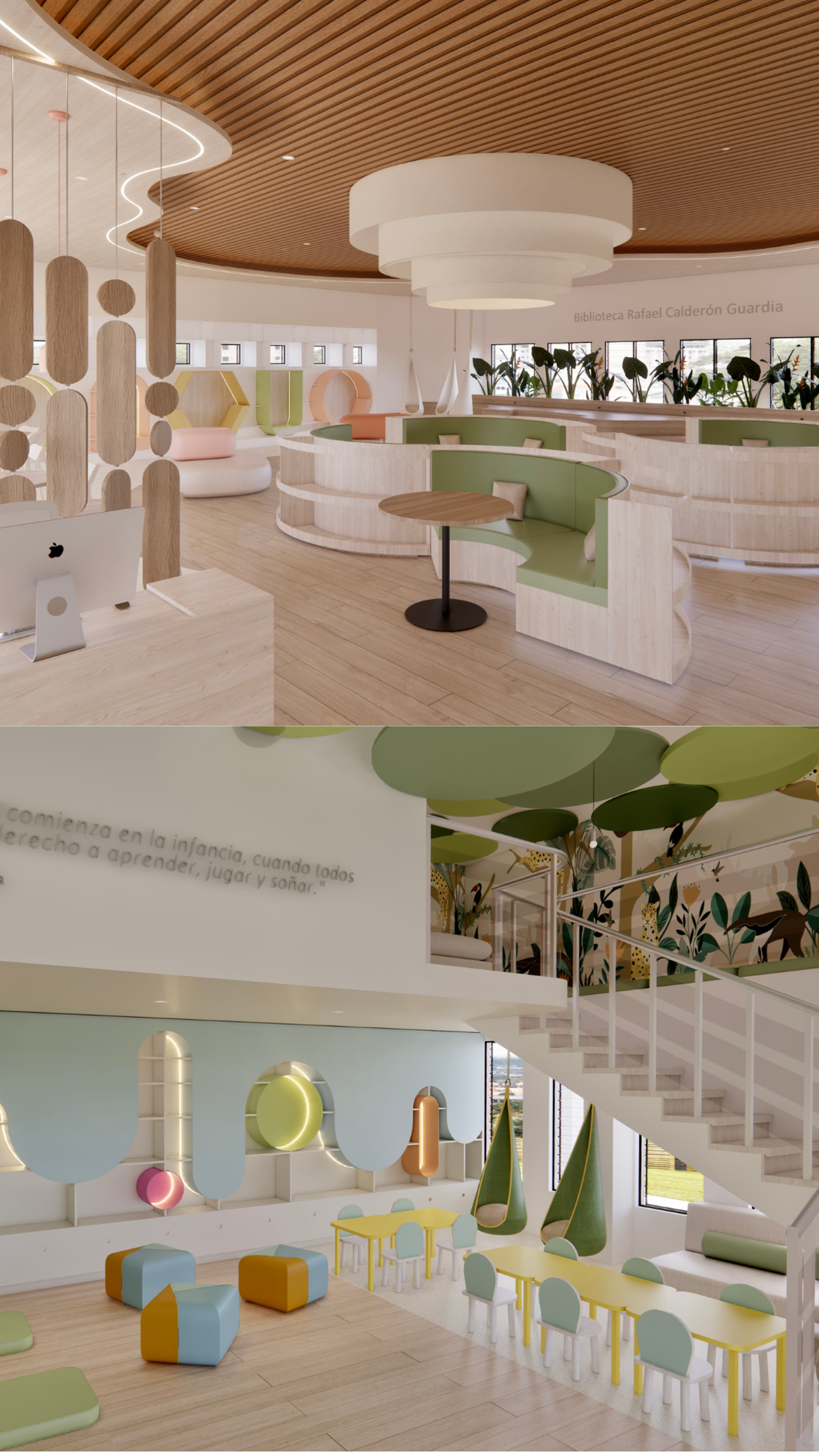 The image shows a brightly colored and modern children's library or play area. It features soft seating, rounded shapes, and playful design elements, creating a welcoming and stimulating environment for kids.