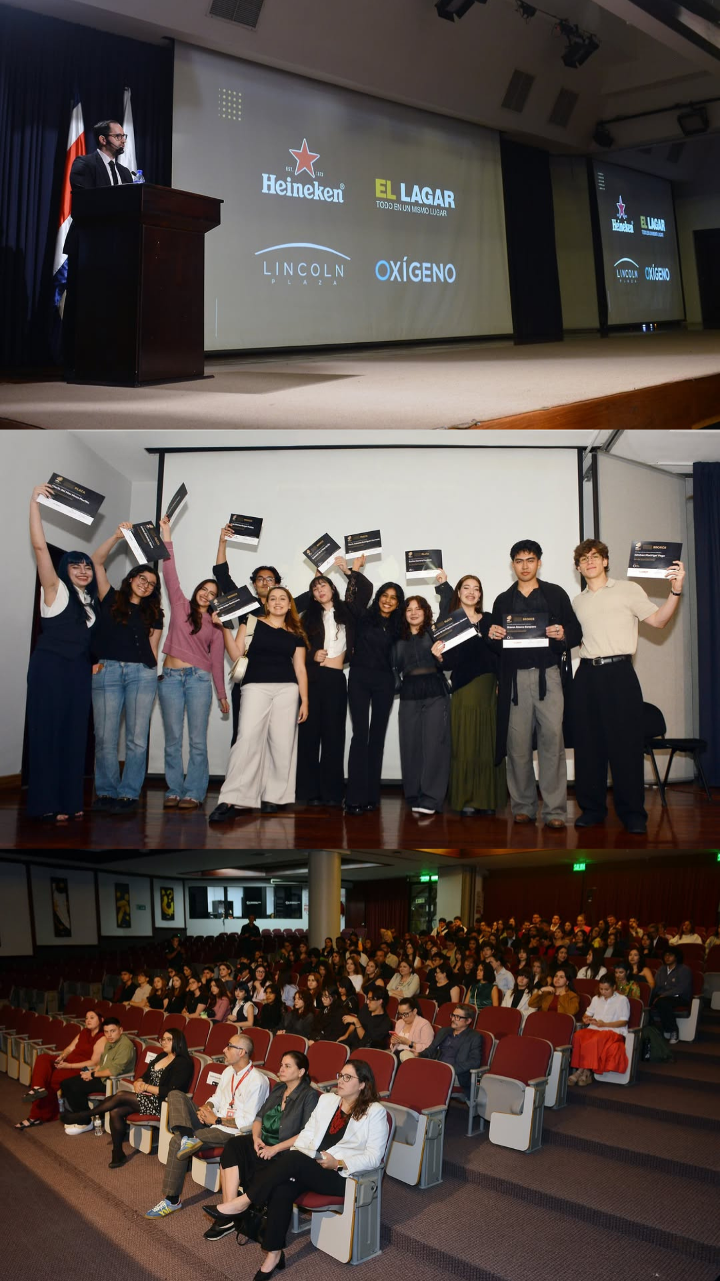 The image shows a graduation ceremony with a speaker, graduates holding certificates, and an audience. Sponsors' logos are displayed on a screen.