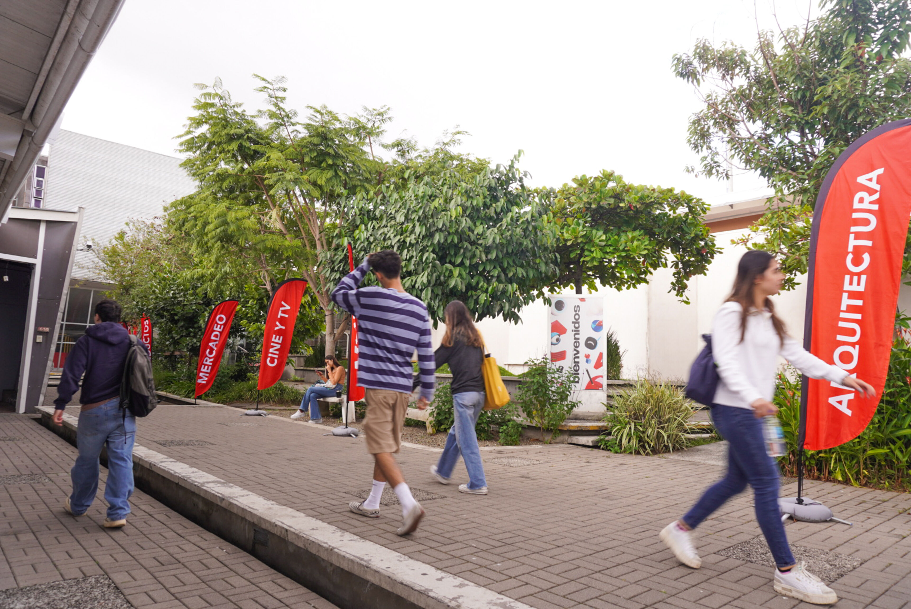 Students walking along a path flanked by red banners indicating various academic departments, set in a vibrant campus environment.