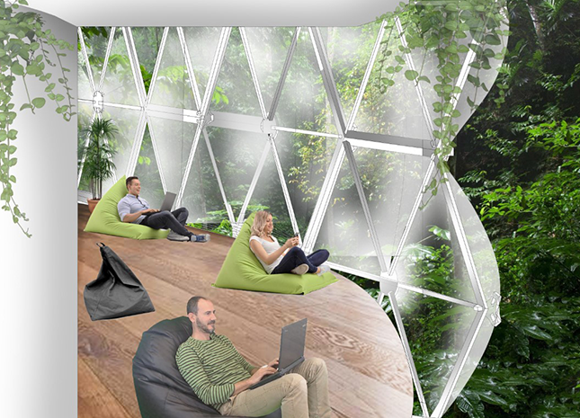 Representación arquitectónica de un espacio de salón contemporáneo con una estructura de vidrio geométrica, llena de vegetación y ocupantes relajados.