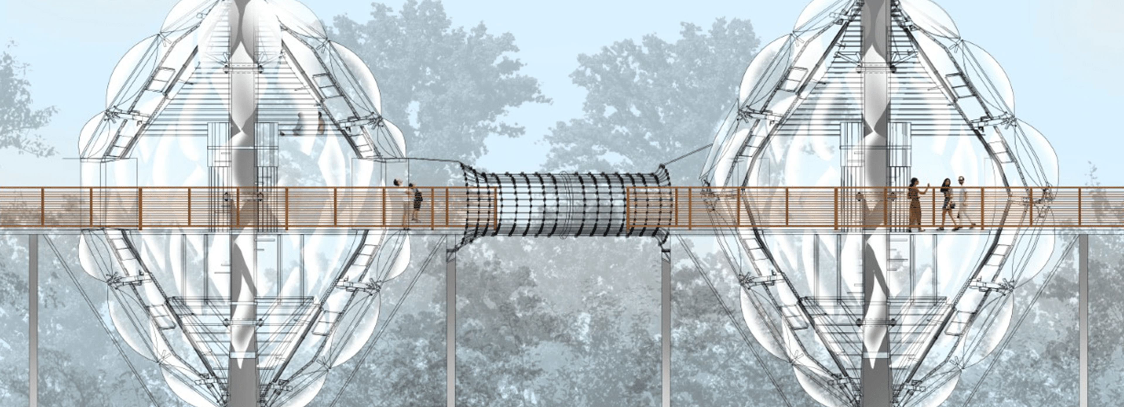 Un concepto arquitectónico visionario de una pasarela suspendida que conecta estructuras esféricas de vidrio en un entorno forestal.