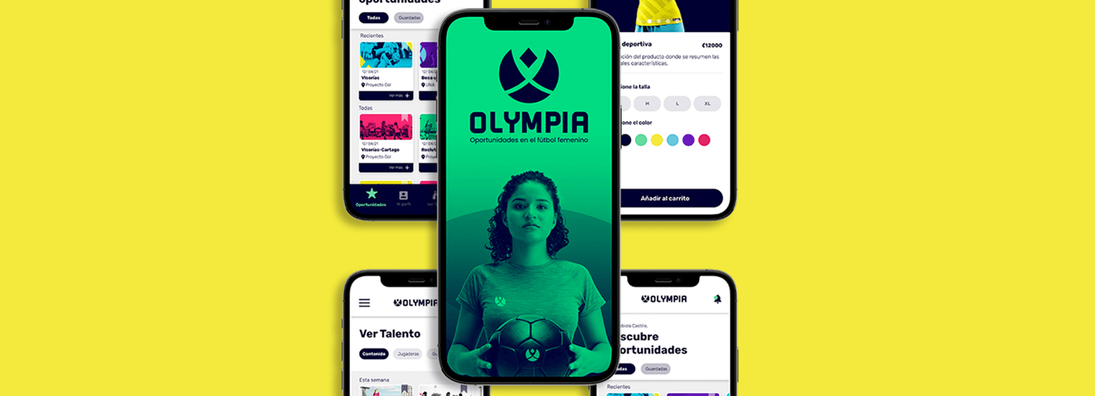 Un collage de smartphones que muestran varias pantallas de la aplicación OLYMPIA, centrada en proporcionar una plataforma para oportunidades en el fútbol femenino.