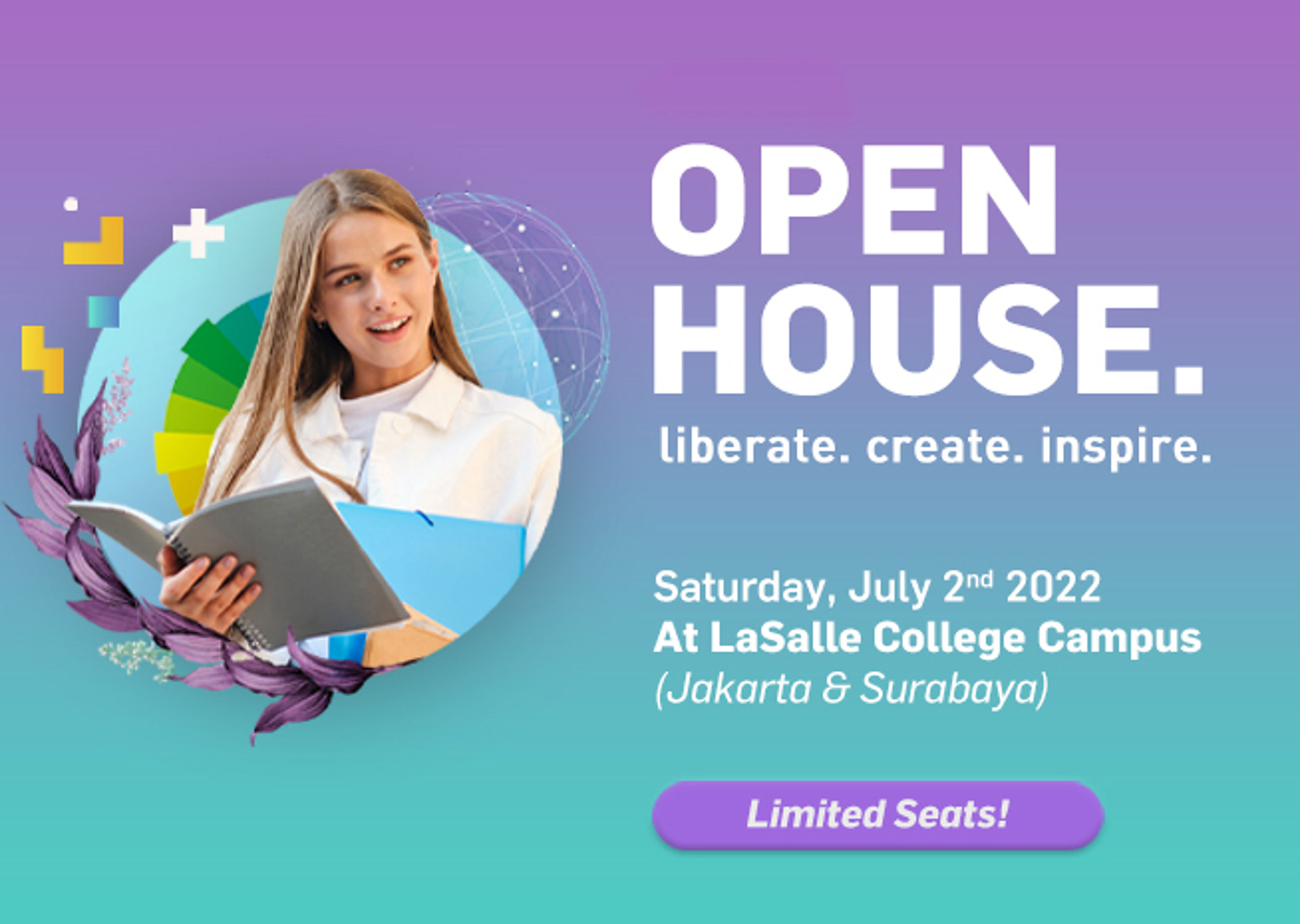 An inviting ad for an open house at LaSalle College Campus, with vibrant graphics and a message of inspiration, scheduled for Saturday, July 2nd, 2022.