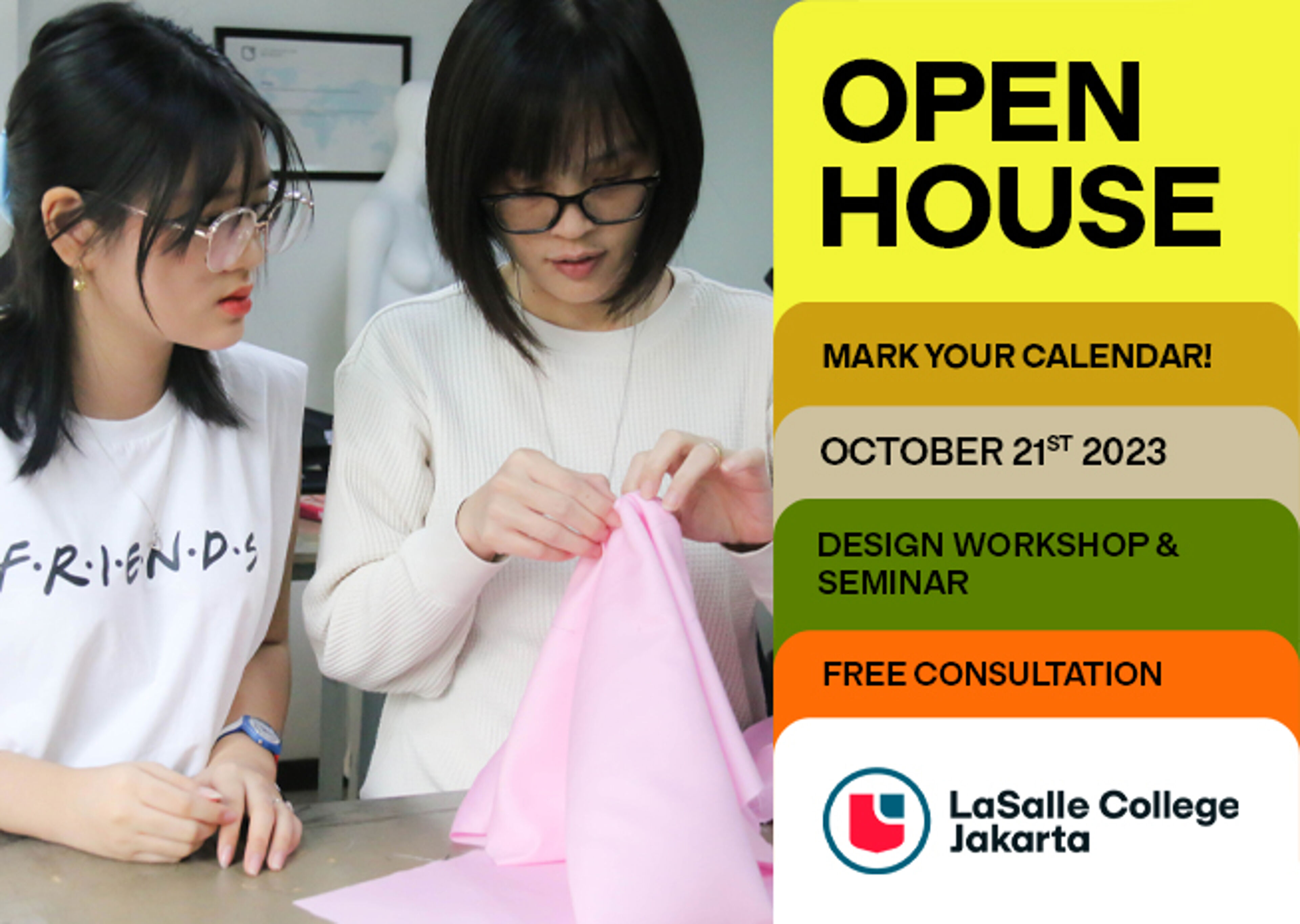 Two focused individuals working on a fabric project, advertising LaSalle College Jakarta's Open House event with a workshop and free consultation on October 21, 2023.