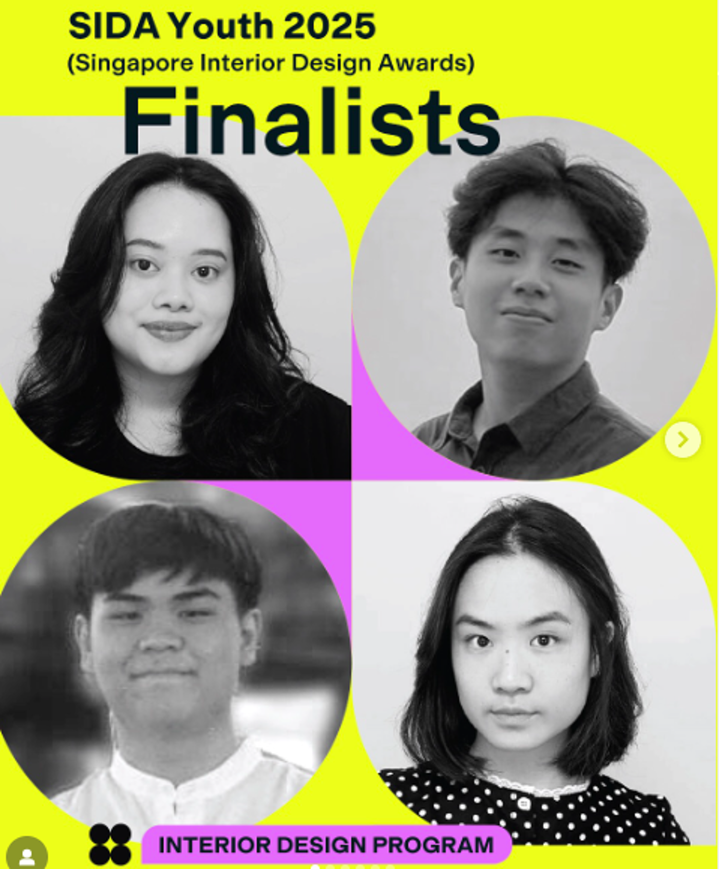 The image displays a promotional graphic for the SIDA Youth 2025 (Singapore Interior Design Awards) finalists. It features four black and white headshots of young individuals, arranged in a grid format with a colorful background. The text "Finalists" is prominently displayed.