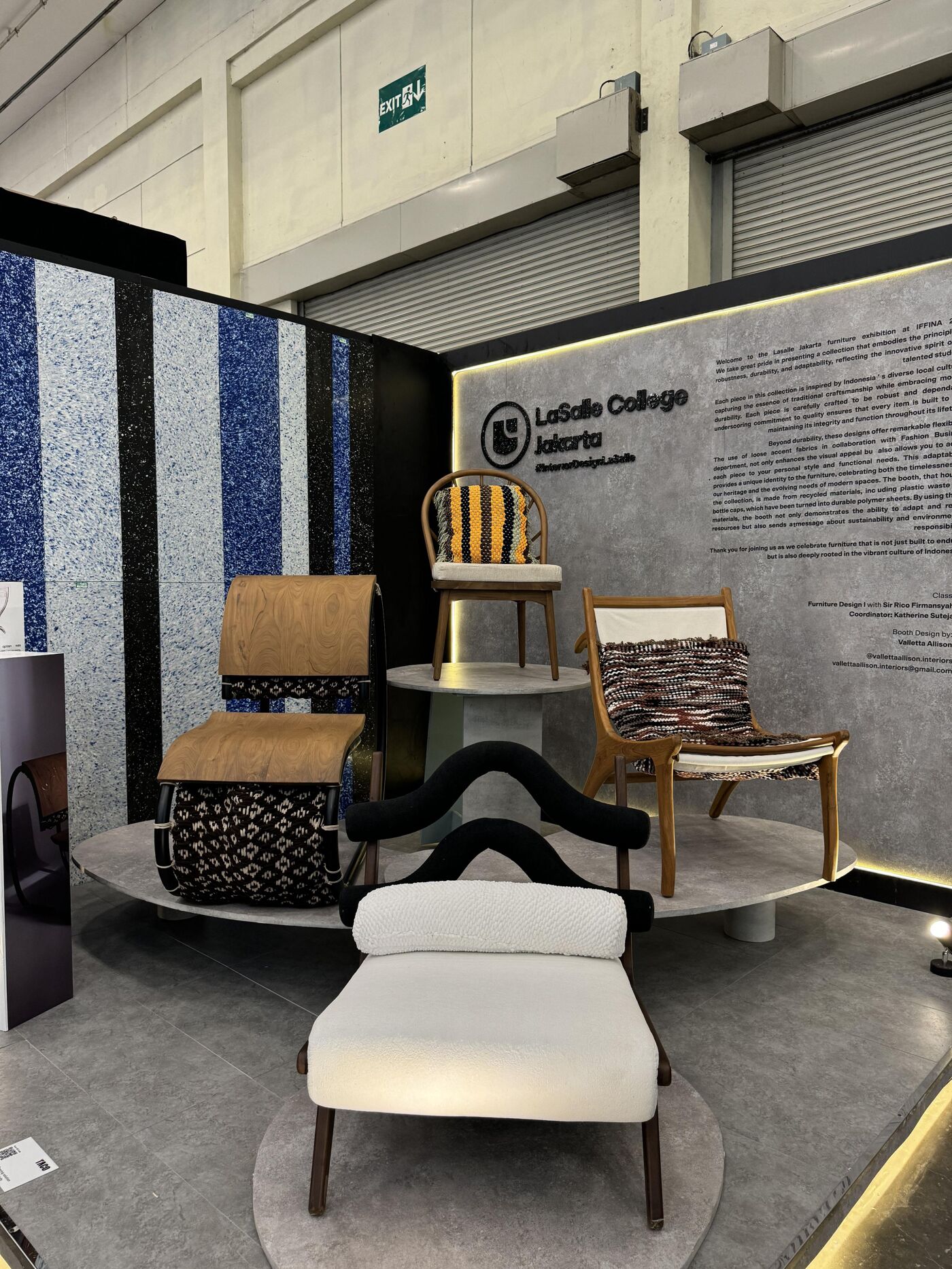 A display of unique and modern chairs designed by interior design students at LaSalle College Jakarta. The collection features a blend of traditional materials and contemporary forms, emphasizing creativity and craftsmanship. Each piece showcases diverse textures and innovative use of fabric.