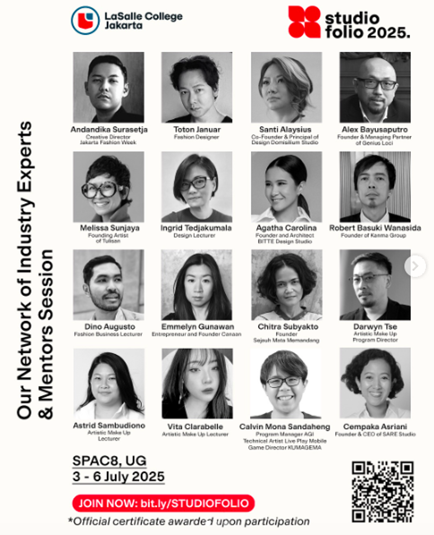 The image is a promotional poster for Studio Folio 2025 at LaSalle College Jakarta, featuring a network of industry experts and mentors. It showcases headshots of individuals in creative fields like fashion, design, and architecture, with event details and a call to action to join.