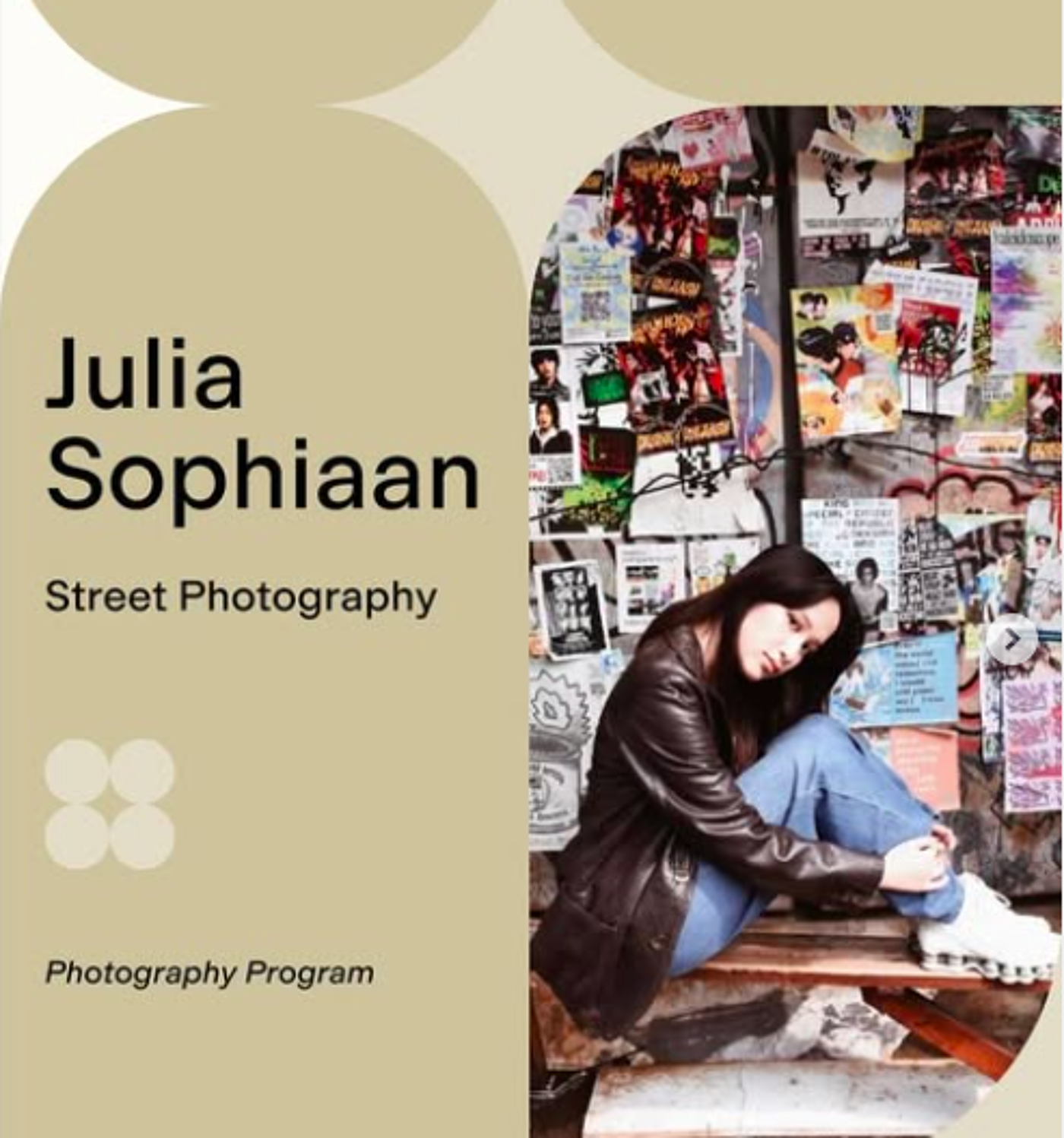 The image is an advertisement for Julia Sophiaan's street photography program. A woman is sitting in front of a wall covered in posters. The text indicates that it is a photography program.