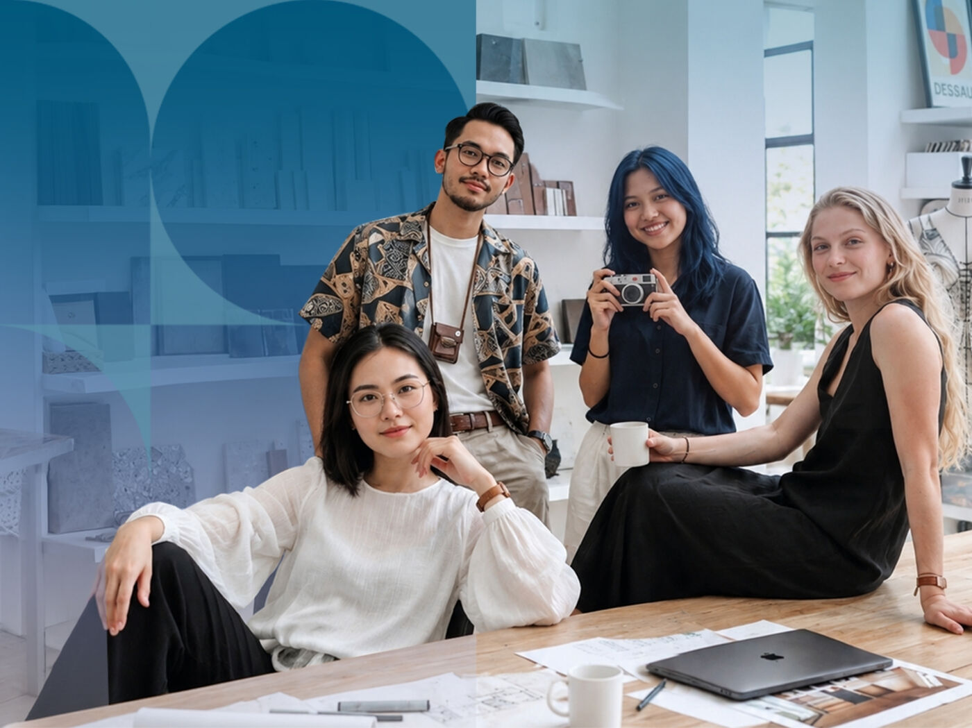 A diverse group of four young professionals are collaborating in a bright, modern office space, exuding a creative and collaborative atmosphere.