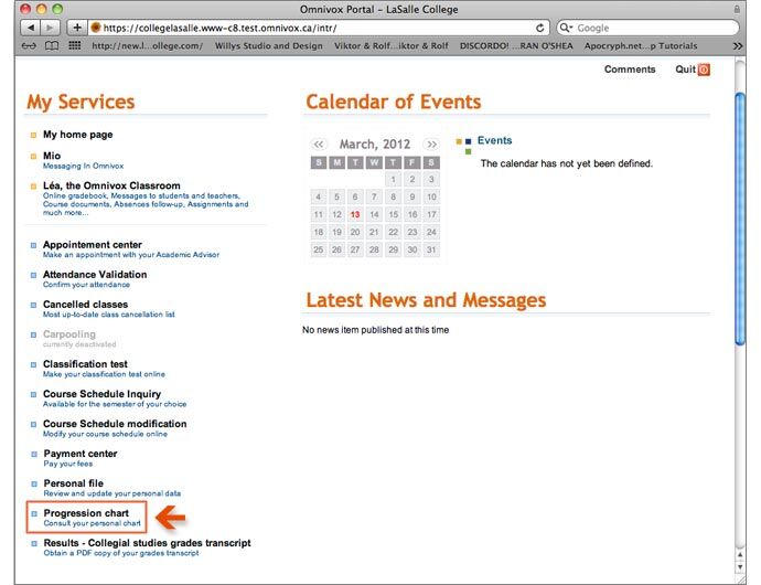 Screenshot of LaSalle College Omnivox portal, highlighting the "Progression chart" link with a red arrow.