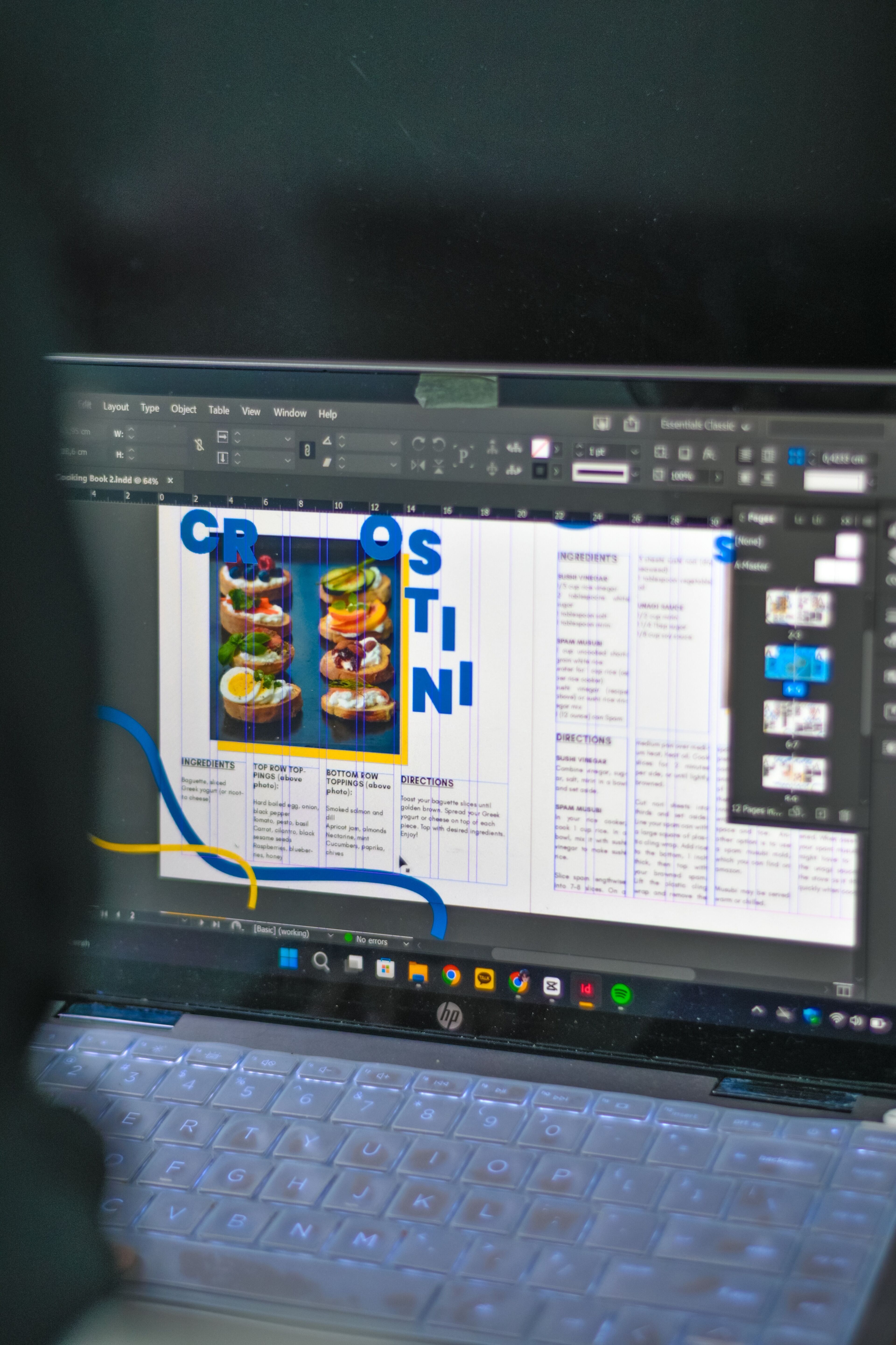 A laptop screen showing a detailed recipe layout for 'Crostini', including images, ingredients, and directions.