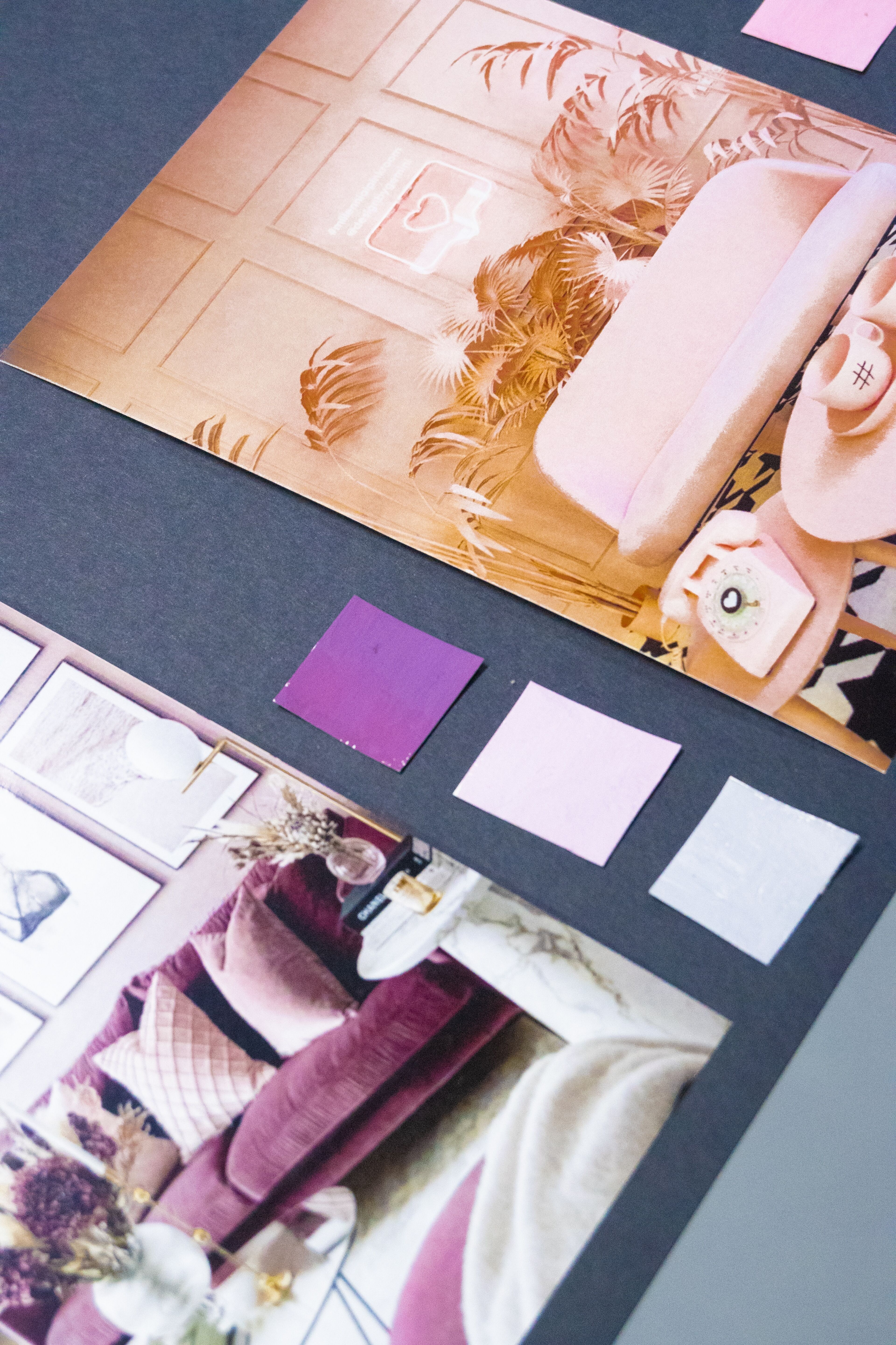 A mood board showcasing various interior design elements with a pink couch, tropical leaves, and color swatches on a dark background.