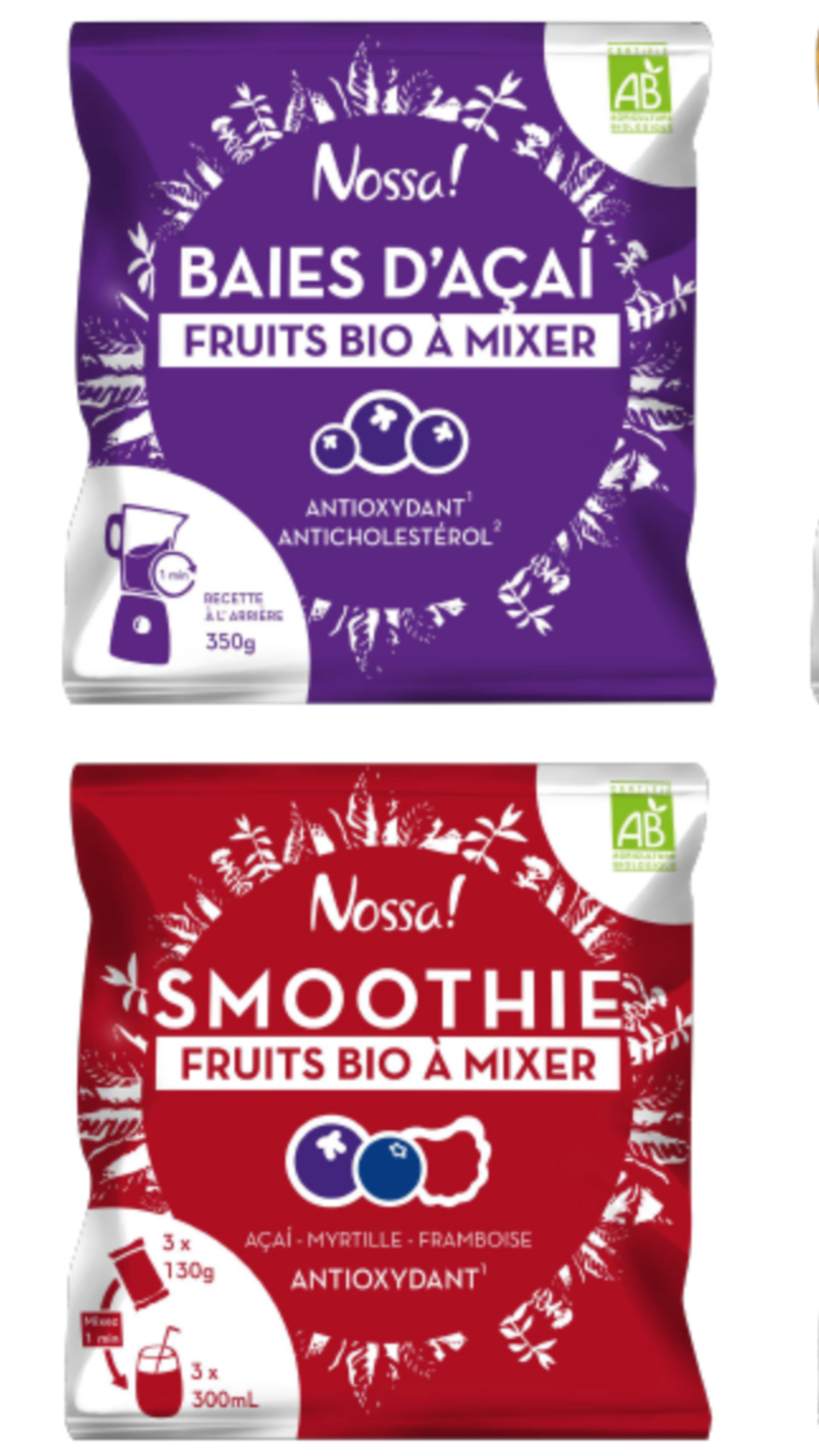 Packaging of Nossa! brand organic acai berry mix and smoothie mix, highlighting antioxidant benefits.