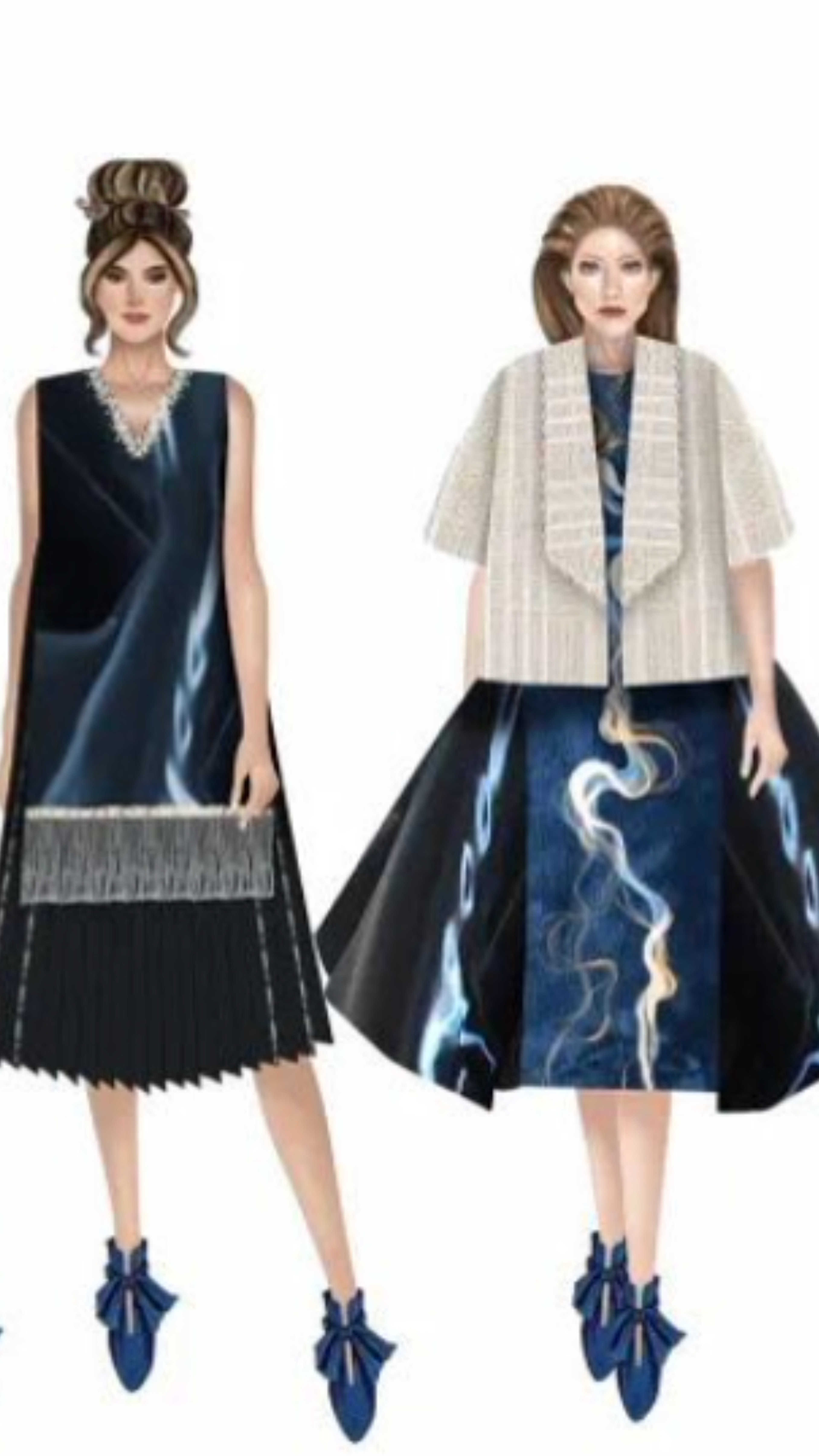 Drawings of avant-garde fashion with structured jackets and fluid skirts in striking blue, showcasing an illustrated modern eclectic style.