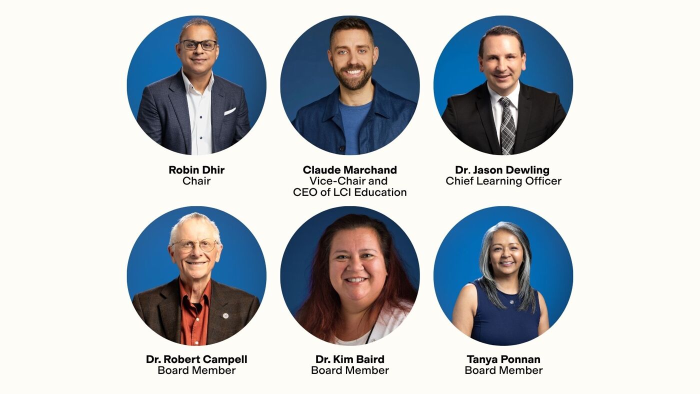 The image shows a collage of headshots of six people identified as Robin Dhir (Chair), Claude Marchand (Vice-Chair and CEO of LCI Education), Dr. Jason Dewling (Chief Learning Officer), Dr. Robert Campell, Dr. Kim Baird, and Tanya Ponnan (all Board Members).