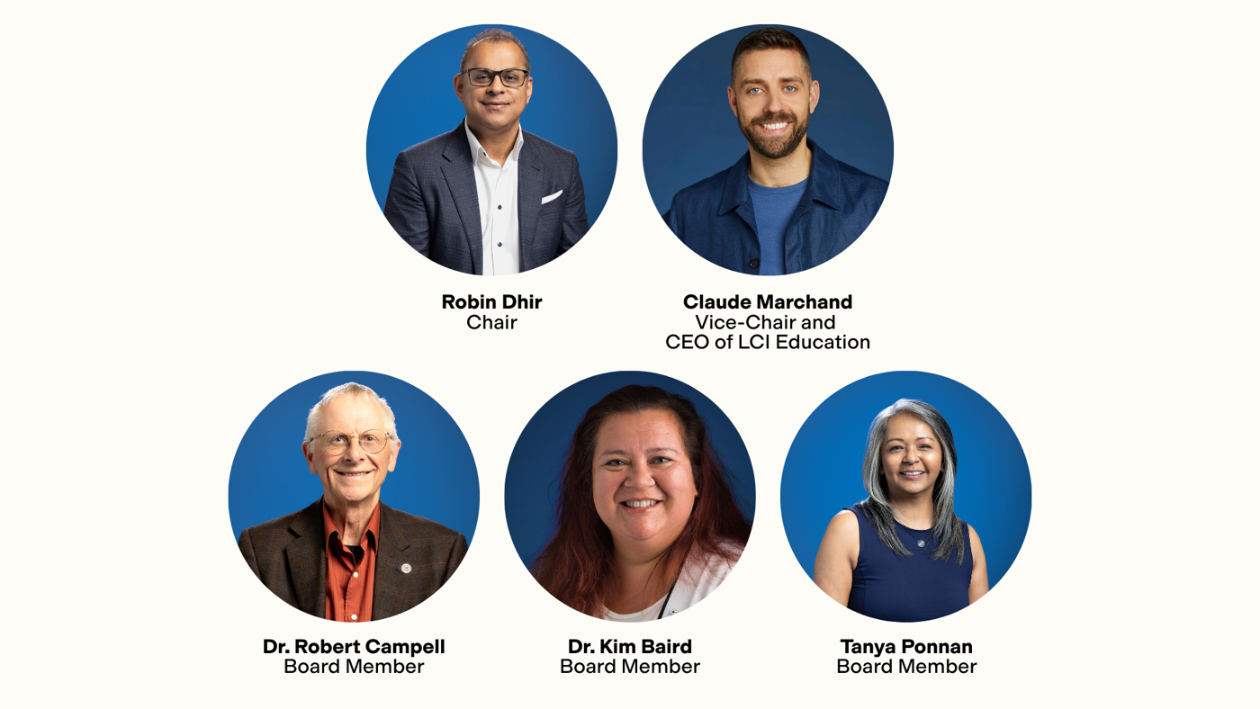 The image shows headshots of five individuals against a blue circular background. Robin Dhir is labeled as Chair, Claude Marchand as Vice-Chair and CEO of LCI Education, and Robert Campell, Kim Baird, and Tanya Ponnan are Board Members.