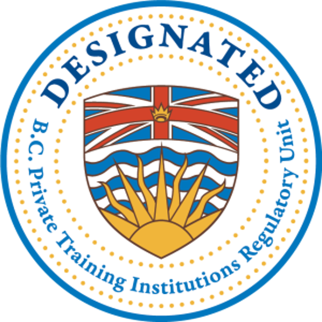 The image is a circular seal with a blue border and the words "DESIGNATED B.C. Private Training Institutions Regulatory Unit" written around the edge. The seal features a shield with the Union Jack, wavy blue lines, a golden sun, and a crown.