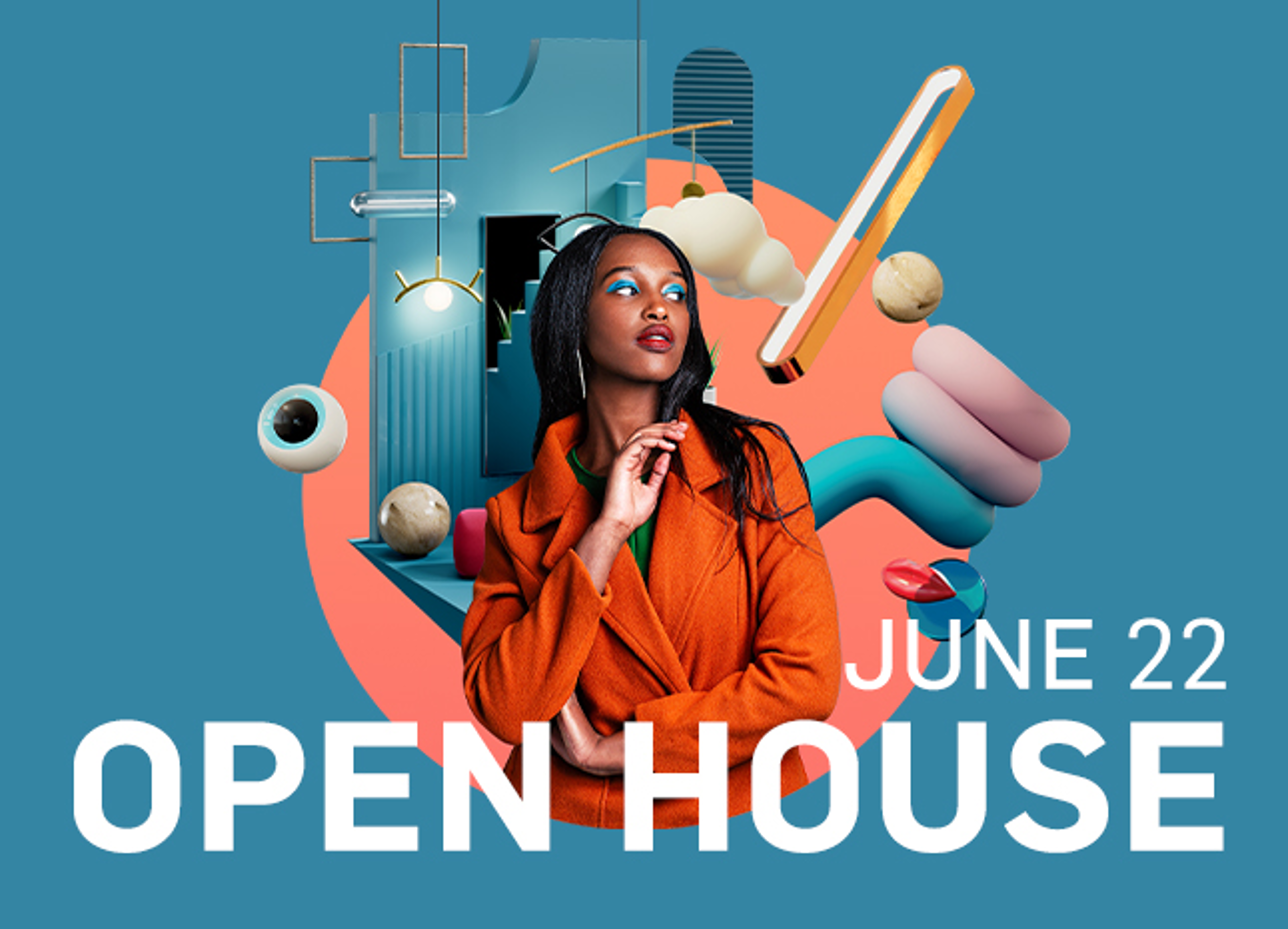 A stylish young woman in an orange coat contemplates abstract objects on a vibrant turquoise background promoting an 'Open House' event on June 22.