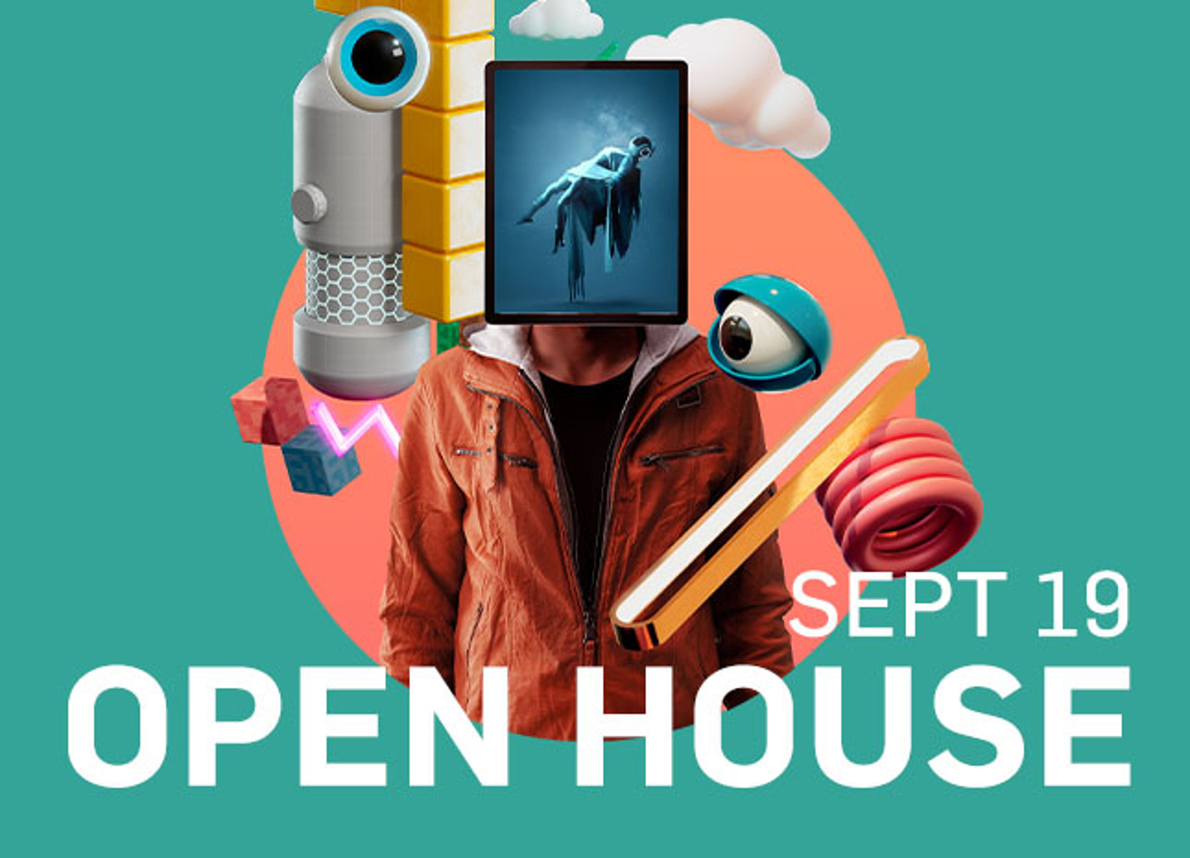 A vibrant poster for an Open House event on September 19 featuring an abstract design with a figure obscured by a digital screen, surrounded by whimsical elements like a telescope, a pencil, and geometric shapes.