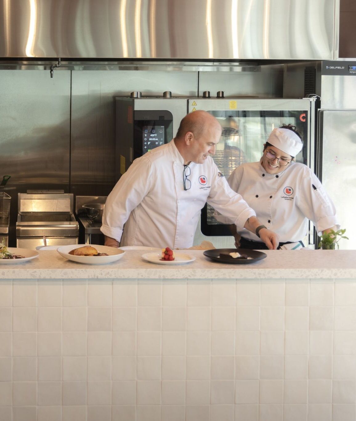 Two chefs are in a kitchen, examining plates of food on a counter. The kitchen has stainless steel appliances and a clean, modern design.