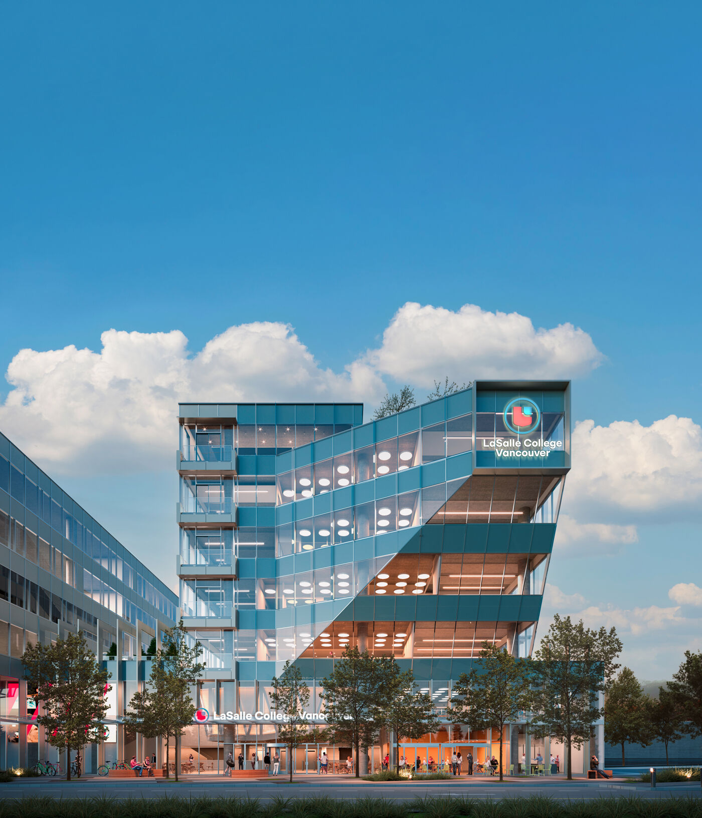 A modern, multi-story glass building with a teal facade and the LaSalle College Vancouver logo stands prominently under a partly cloudy sky.