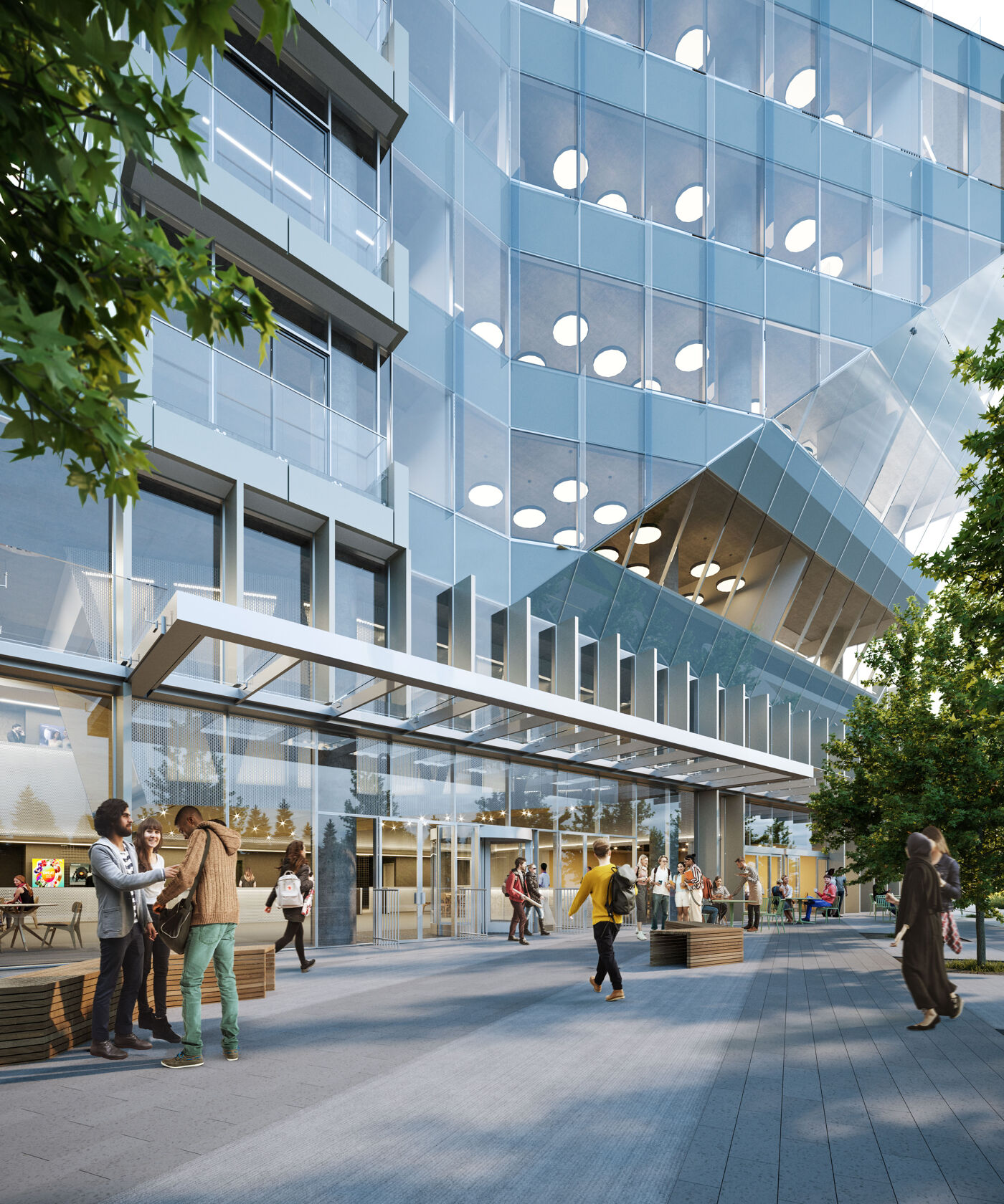 A bustling urban plaza in front of a contemporary office building with a unique glass facade featuring circular patterns. People of diverse backgrounds engage in conversations and enjoy the public space.