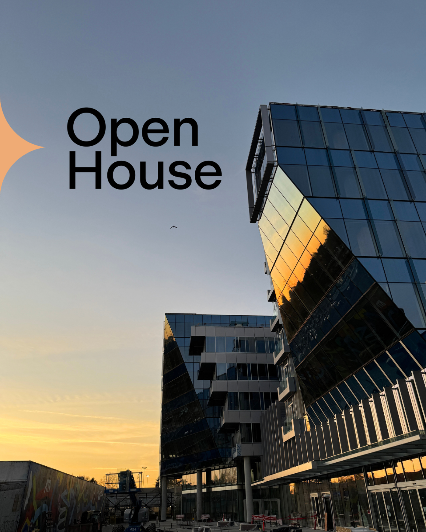 The image shows two modern glass buildings at sunset with the words "Open House" superimposed over the sky.