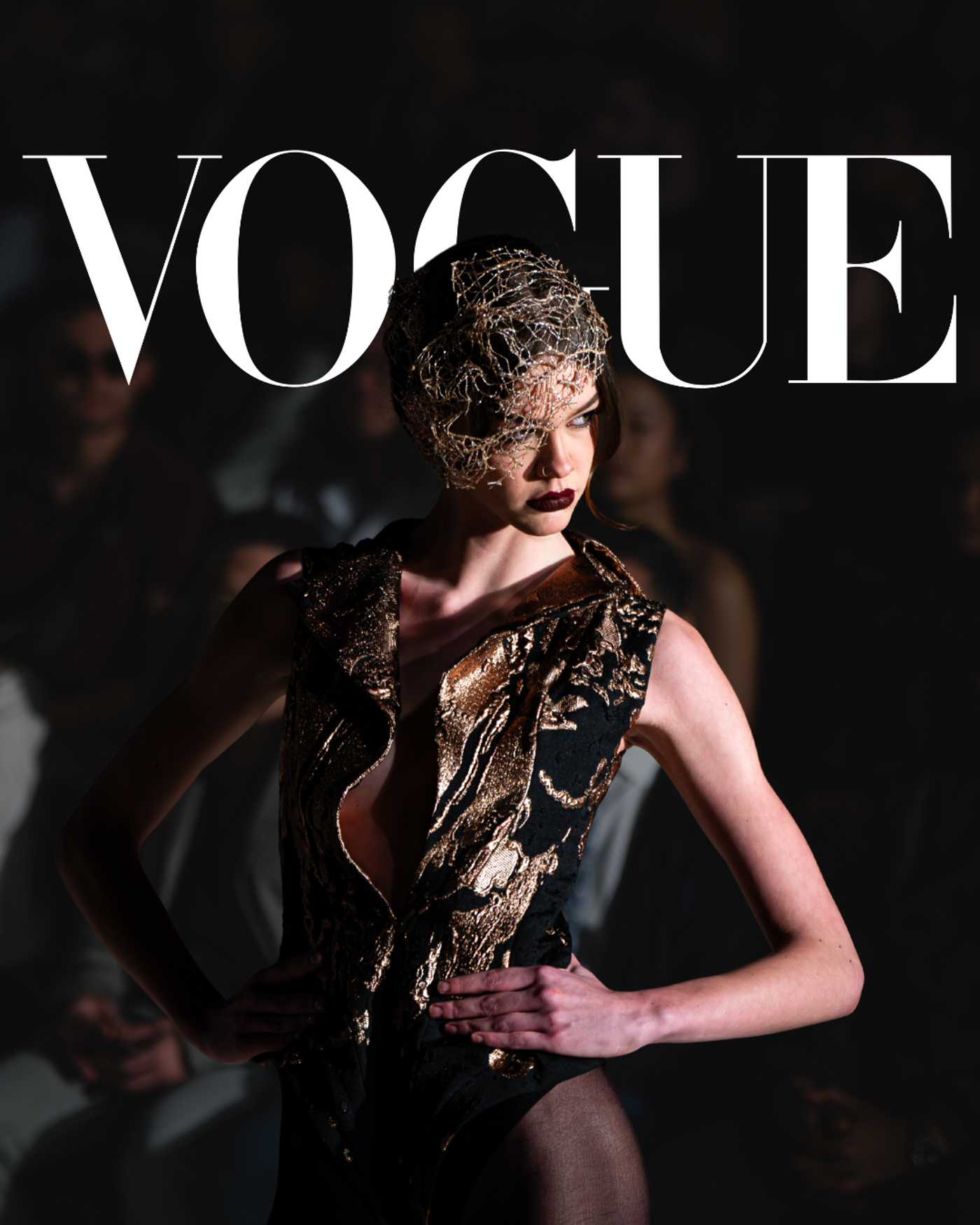 The image shows a Vogue cover featuring a model in a black and gold outfit with a headpiece. The model is standing with her hands on her hips, and the background is blurred.
