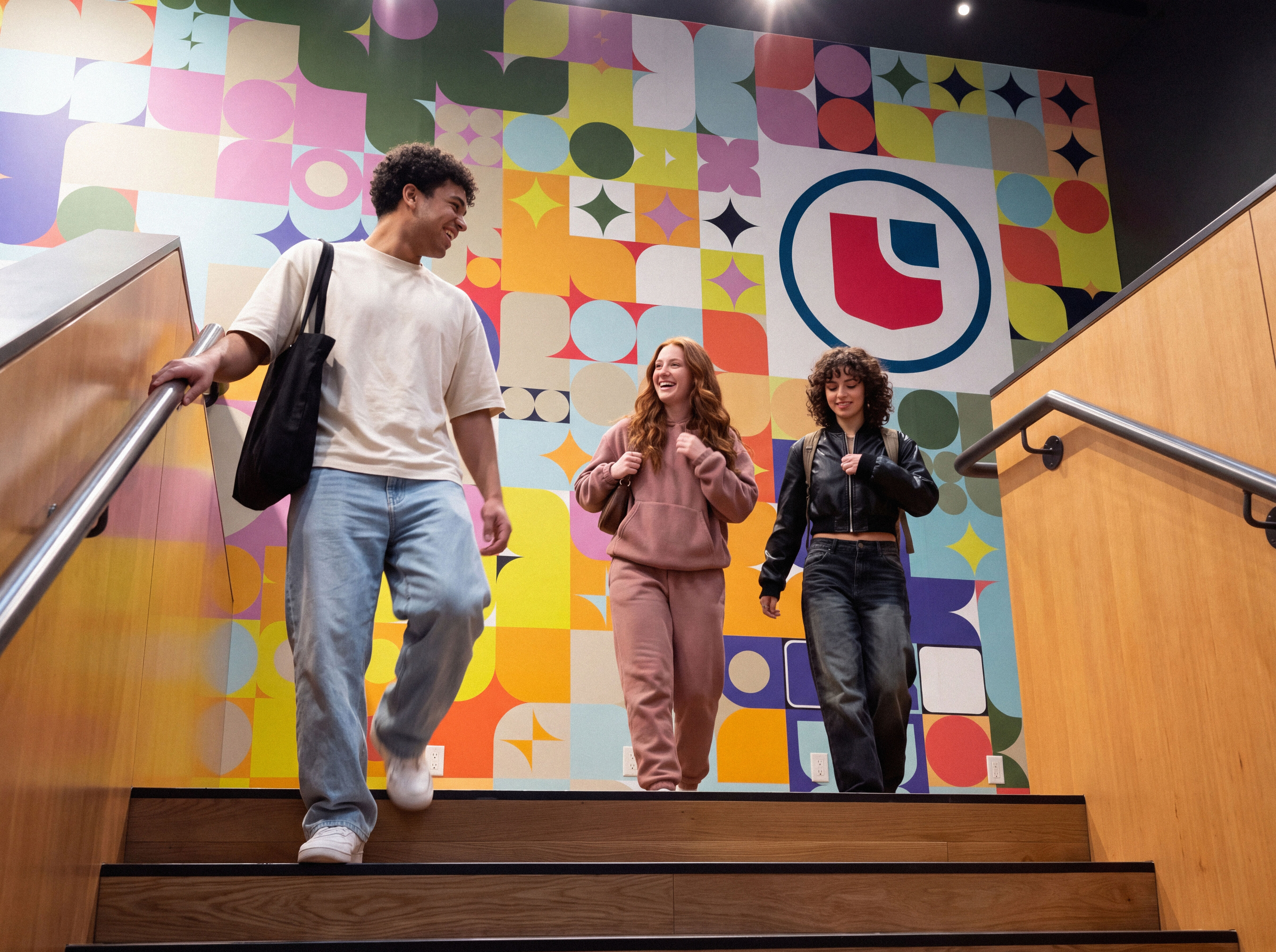 Three young people, two women and one man, are walking down a wooden staircase. They are casually dressed and appear to be in a modern, brightly decorated building with a colorful mural on the wall.
