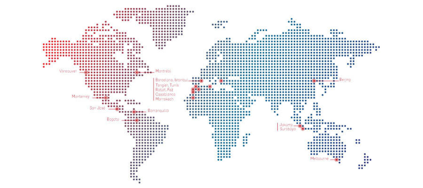 A stylized representation of the world map created with red and blue dots, annotated with names of various cities across the continents.