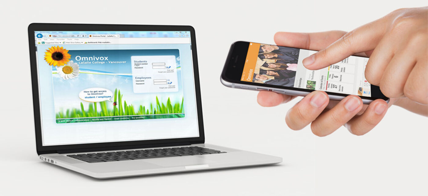 A laptop and smartphone display the Omnivox interface for Lasalle College Vancouver, suggesting seamless online educational access.