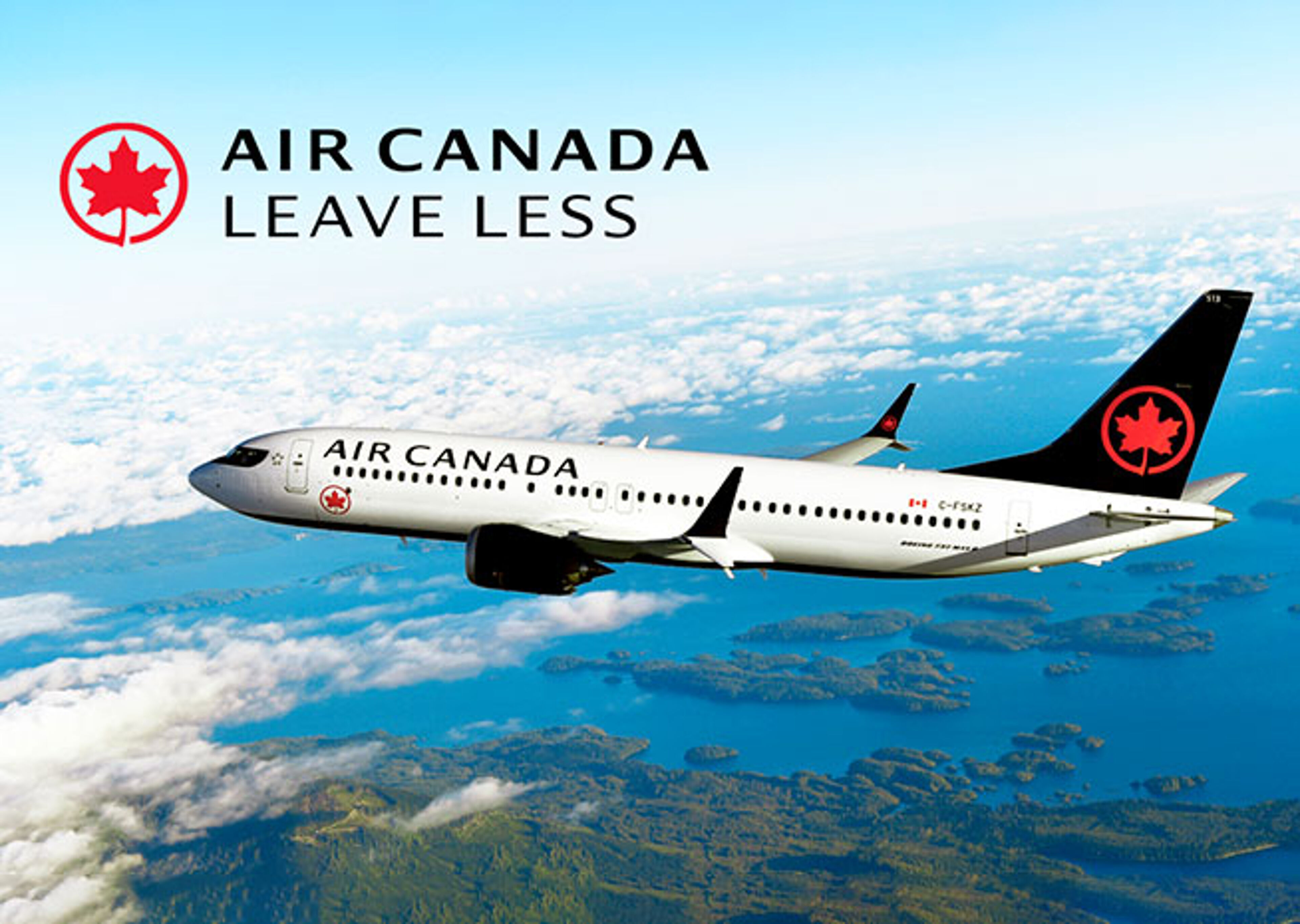 Air Canada's aircraft soars, embodying their 'Leave Less' ethos towards a greener future.