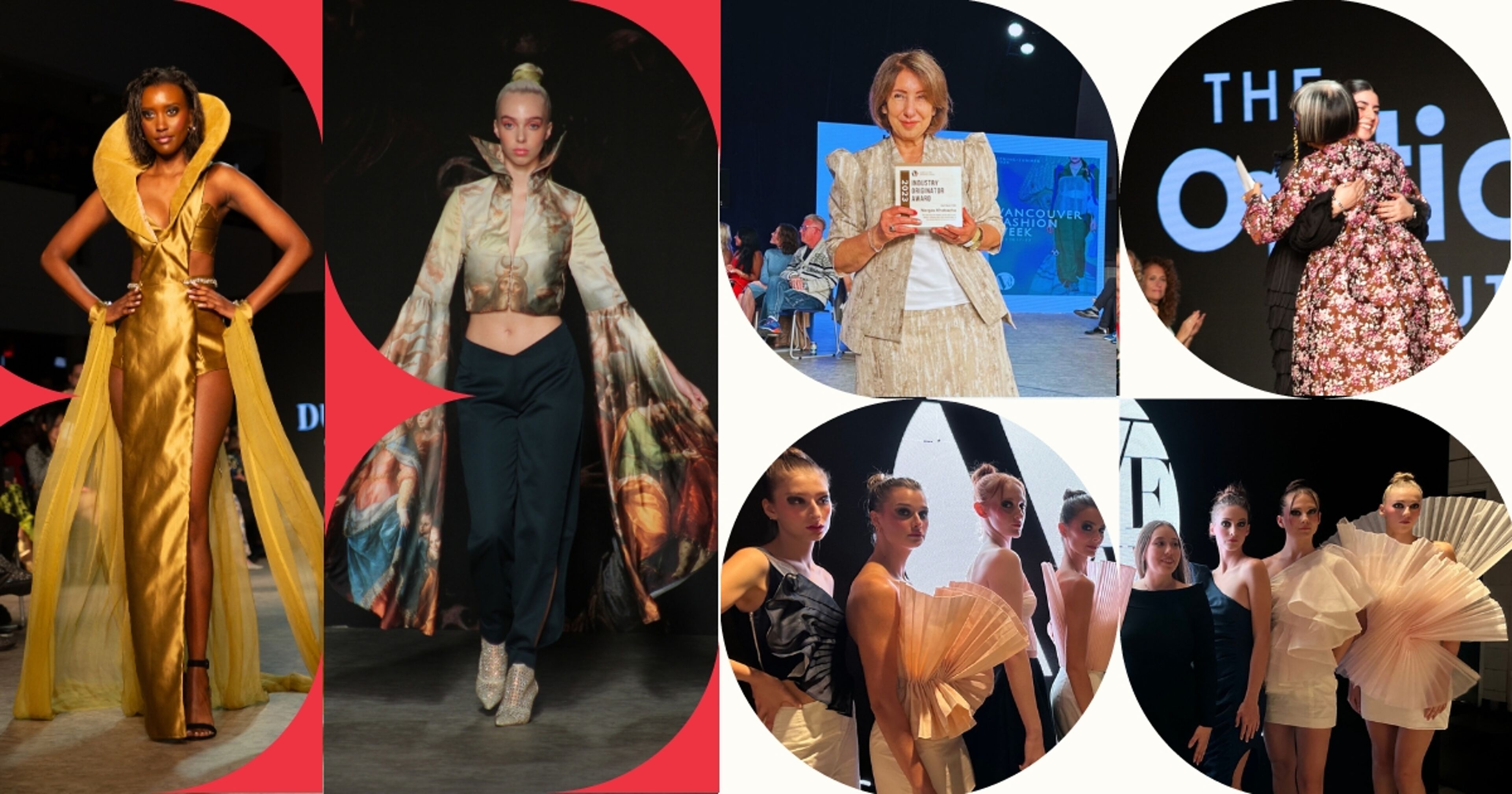 A collage showcasing the dynamic range of fashion design, from elegant to edgy, at a vibrant runway event.