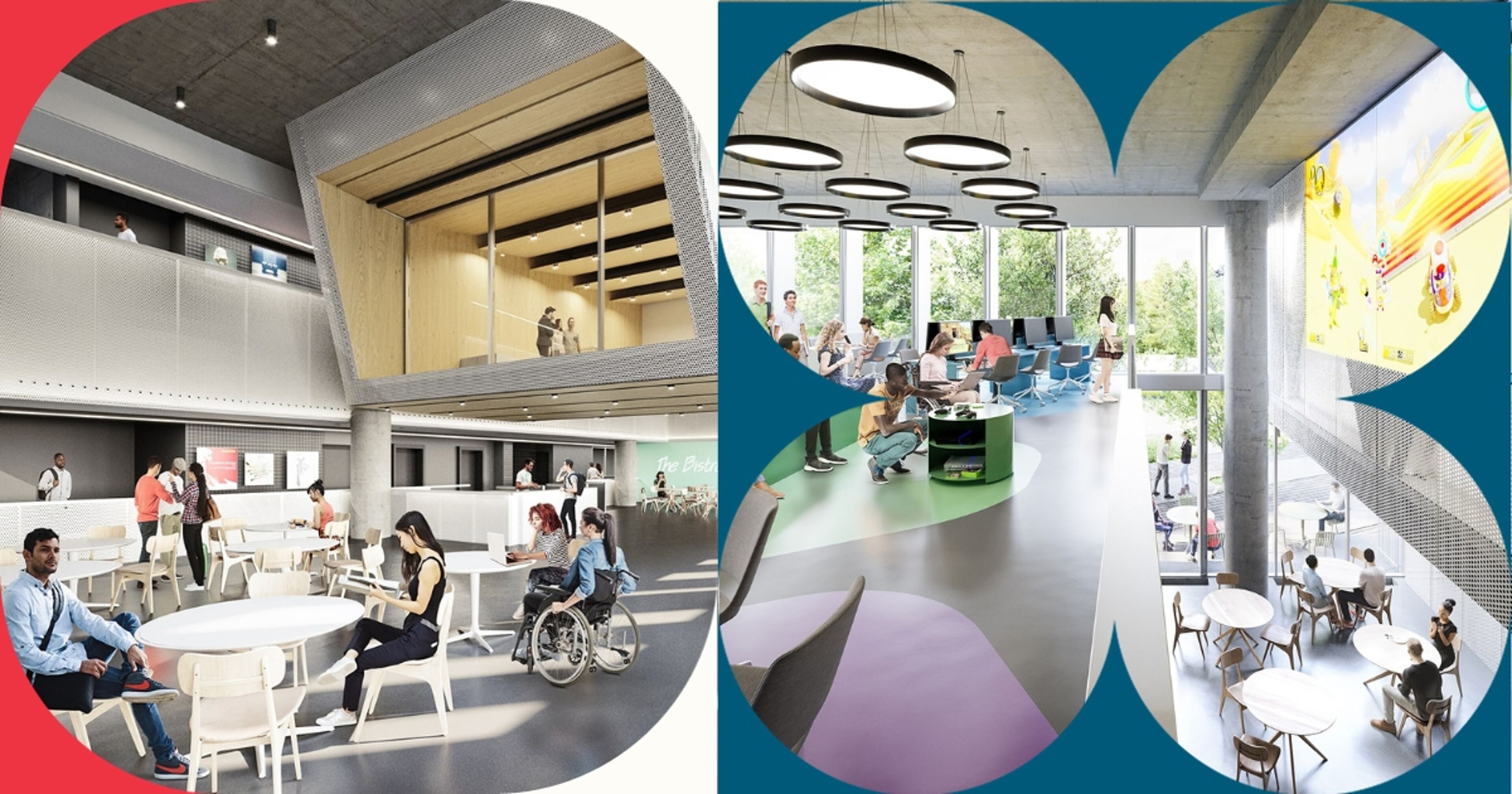 A collage of vibrant college interiors showcasing contemporary architecture and inclusive student environments.
