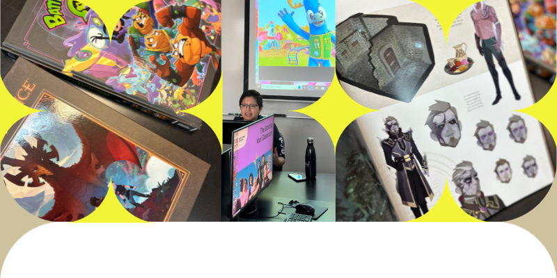 A vibrant collage displaying student artwork, games, and presentations, highlighting the talent and innovation in design education.