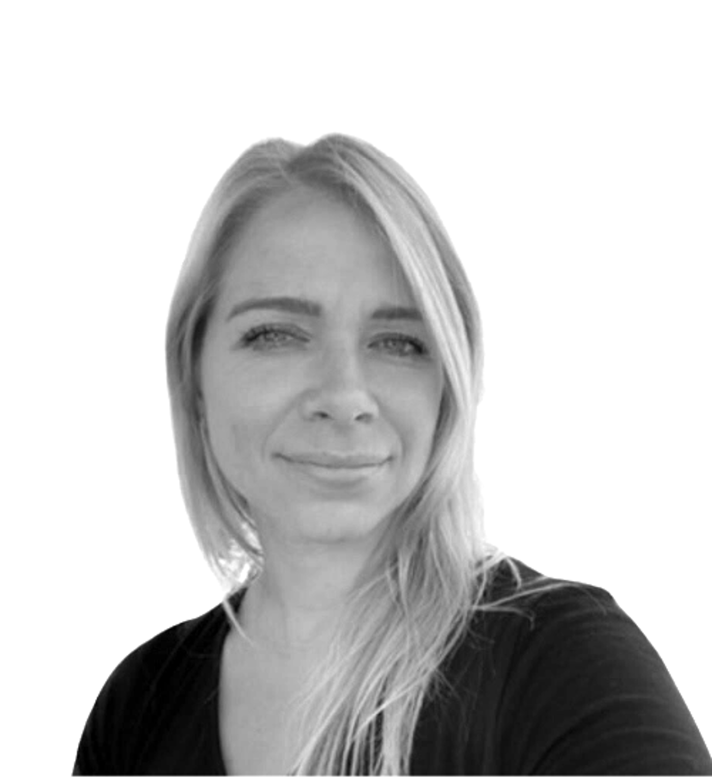 Close-up black and white shot of a blonde woman with a neutral expression, wearing a dark-colored top.
