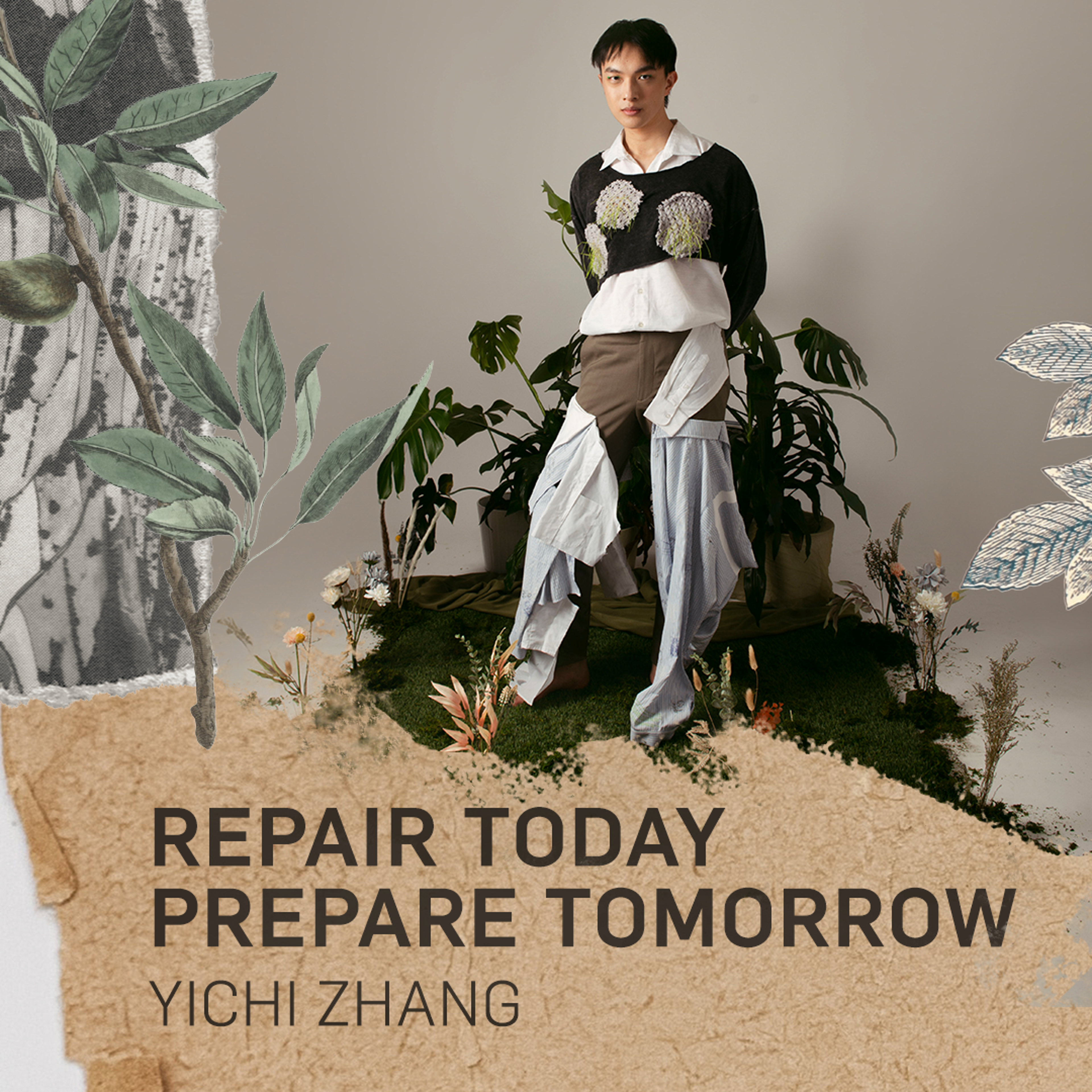 A male model presents eco-conscious attire amid a blend of real and illustrated foliage.