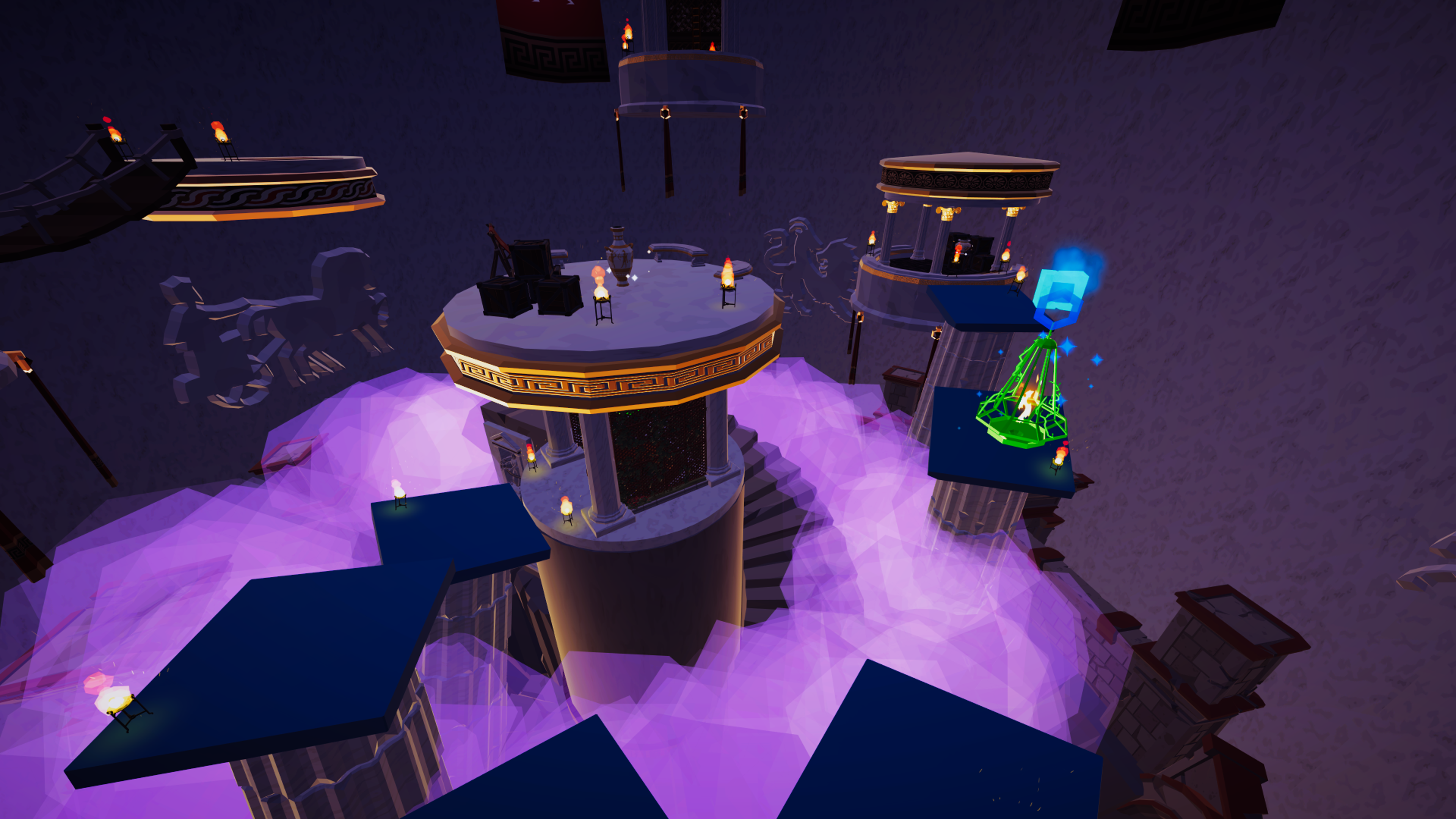 Elevated platforms adorned with torches hover over a mystic landscape in this game level.