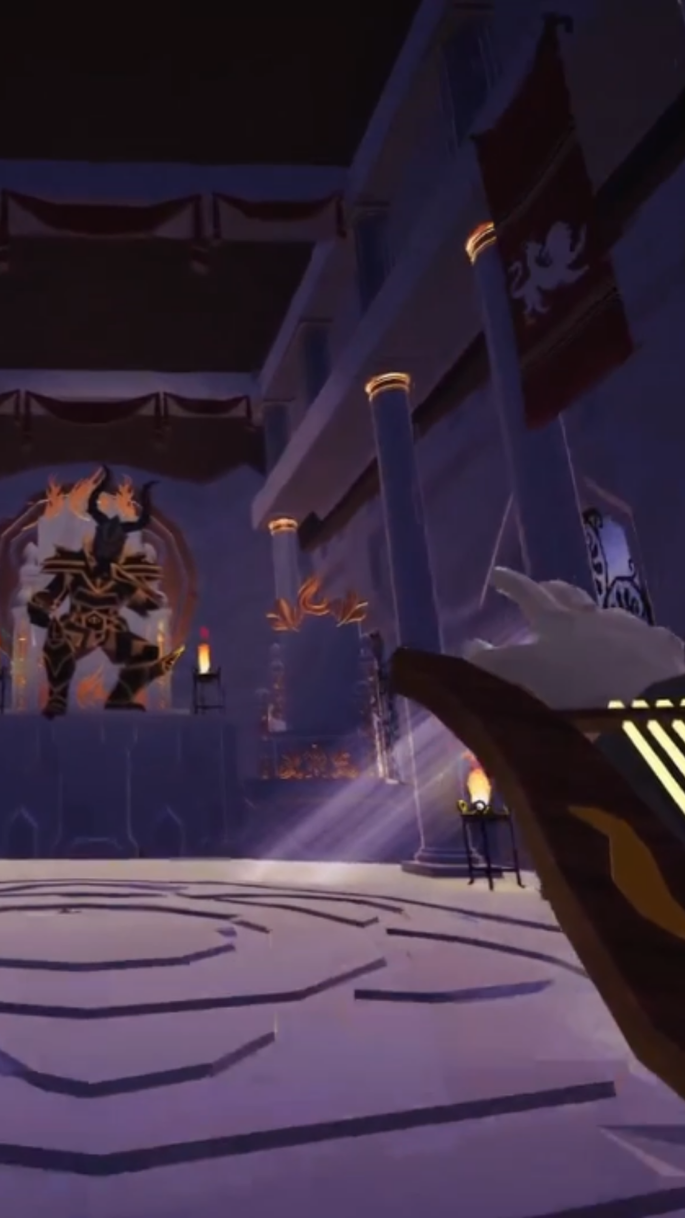 An animated scene showcasing a mystical arena adorned with magical symbols and banners, highlighted by an ethereal glow.