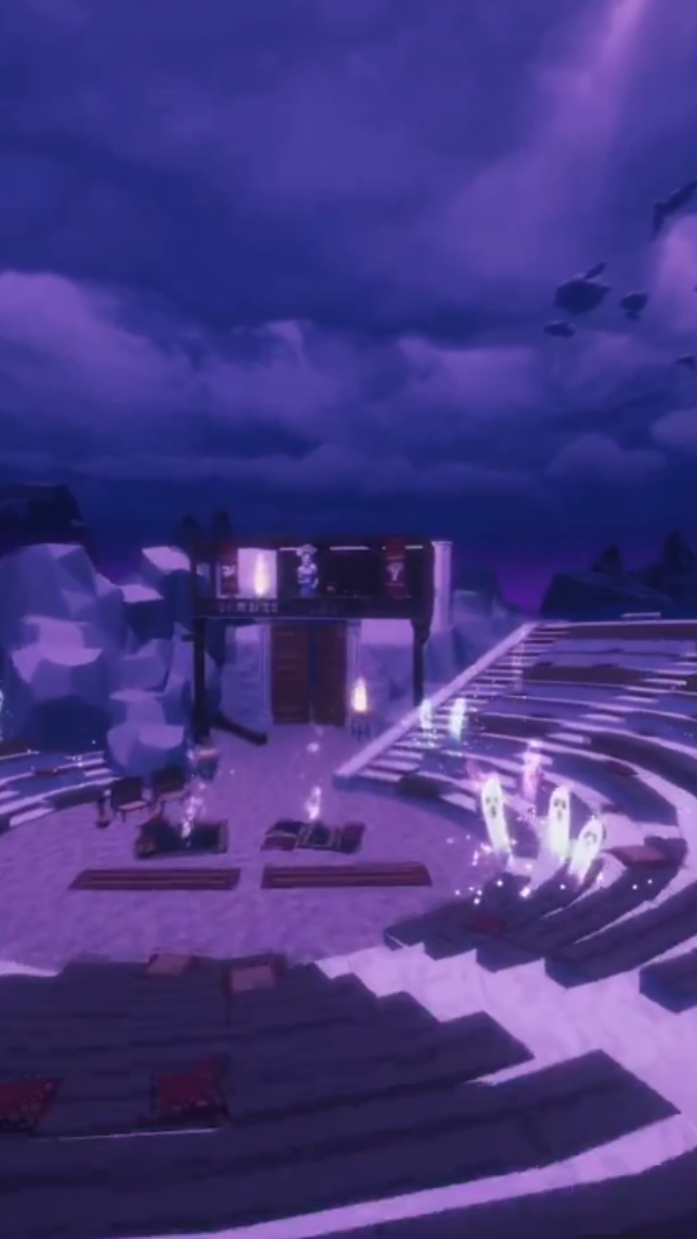 A mystical stage set against a dusky sky, with glowing crystals and floating rocks, evoking an otherworldly ambiance.