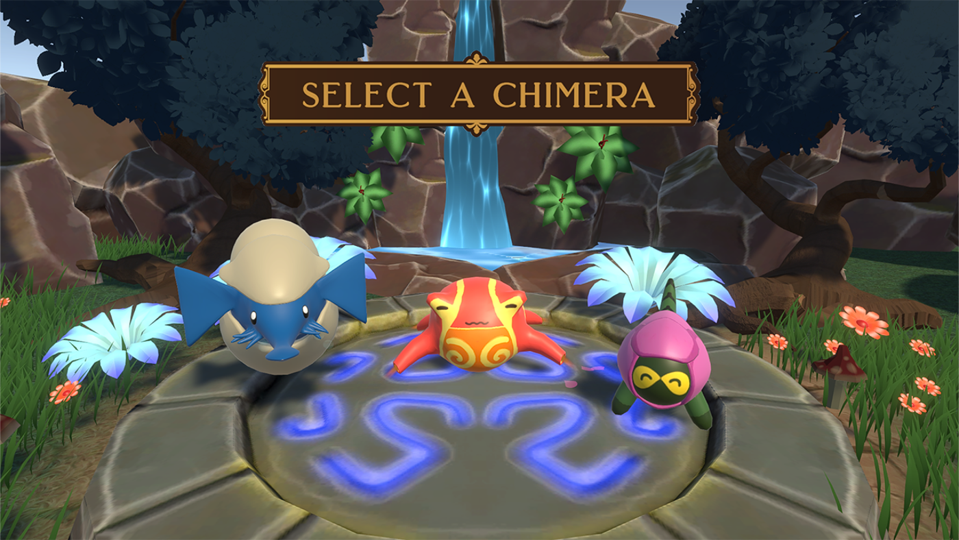 Three fantastical creatures, an egg-like bat, an octopus, and an alien, are lined up in front of a waterfall in a fantasy game setting.