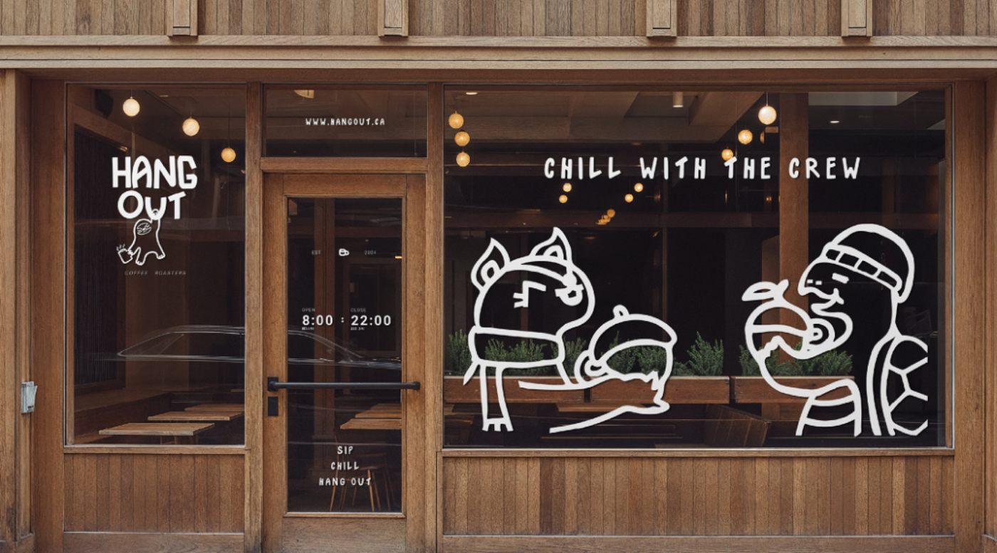 This image shows the storefront of a restaurant called "HANG OUT," featuring the slogan "CHILL WITH THE CREW." It also includes stylized animal illustrations.