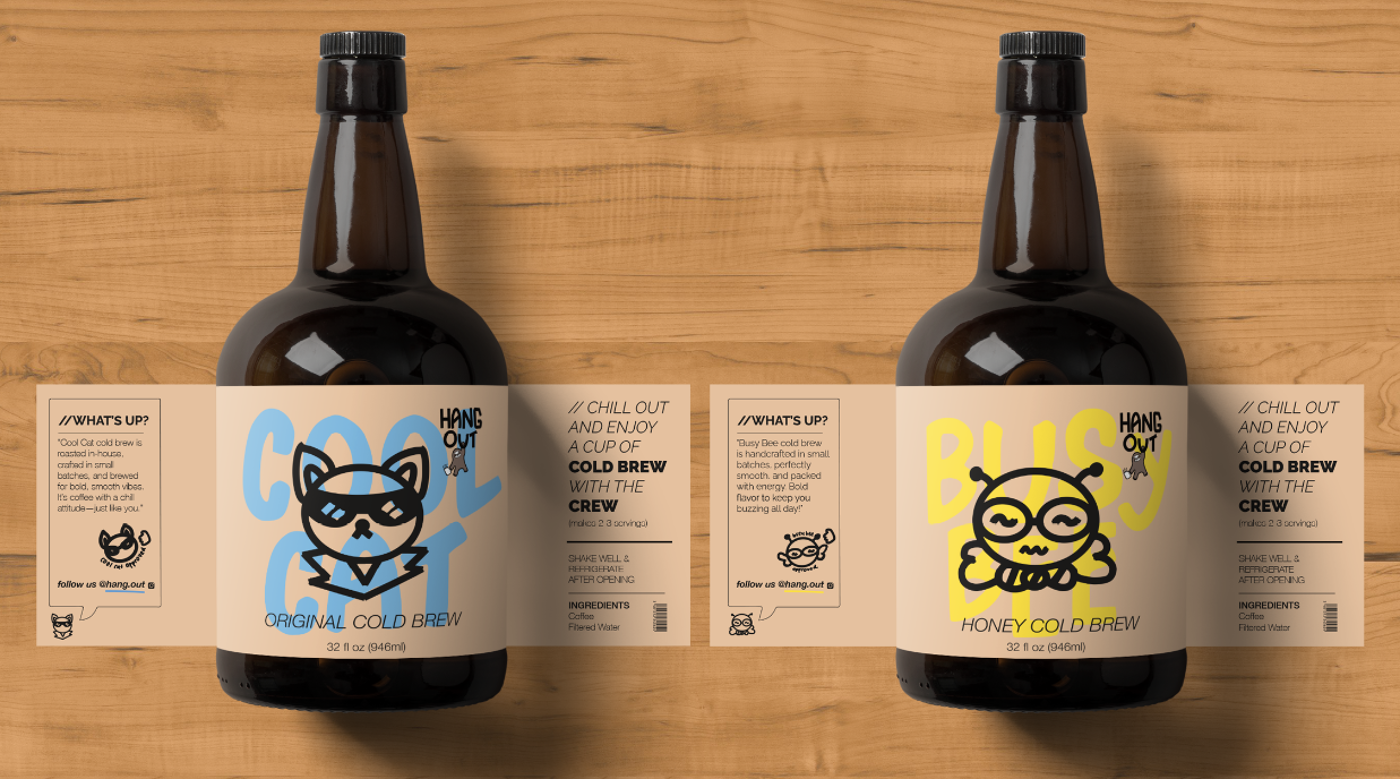 Two bottles of craft beer, one "Cool Cat" Original Cold Brew and one "Busy Bee" Honey Cold Brew, are displayed on a wooden surface.