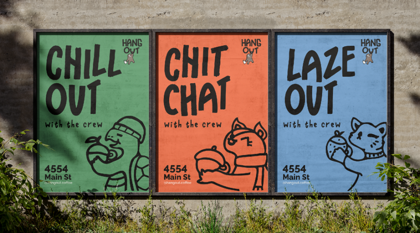 Three vibrant posters feature illustrated animals inviting viewers to 'Chill Out', 'Chit Chat', and 'Laze Out' with the slogan 'with the crew', all sharing the same address.
