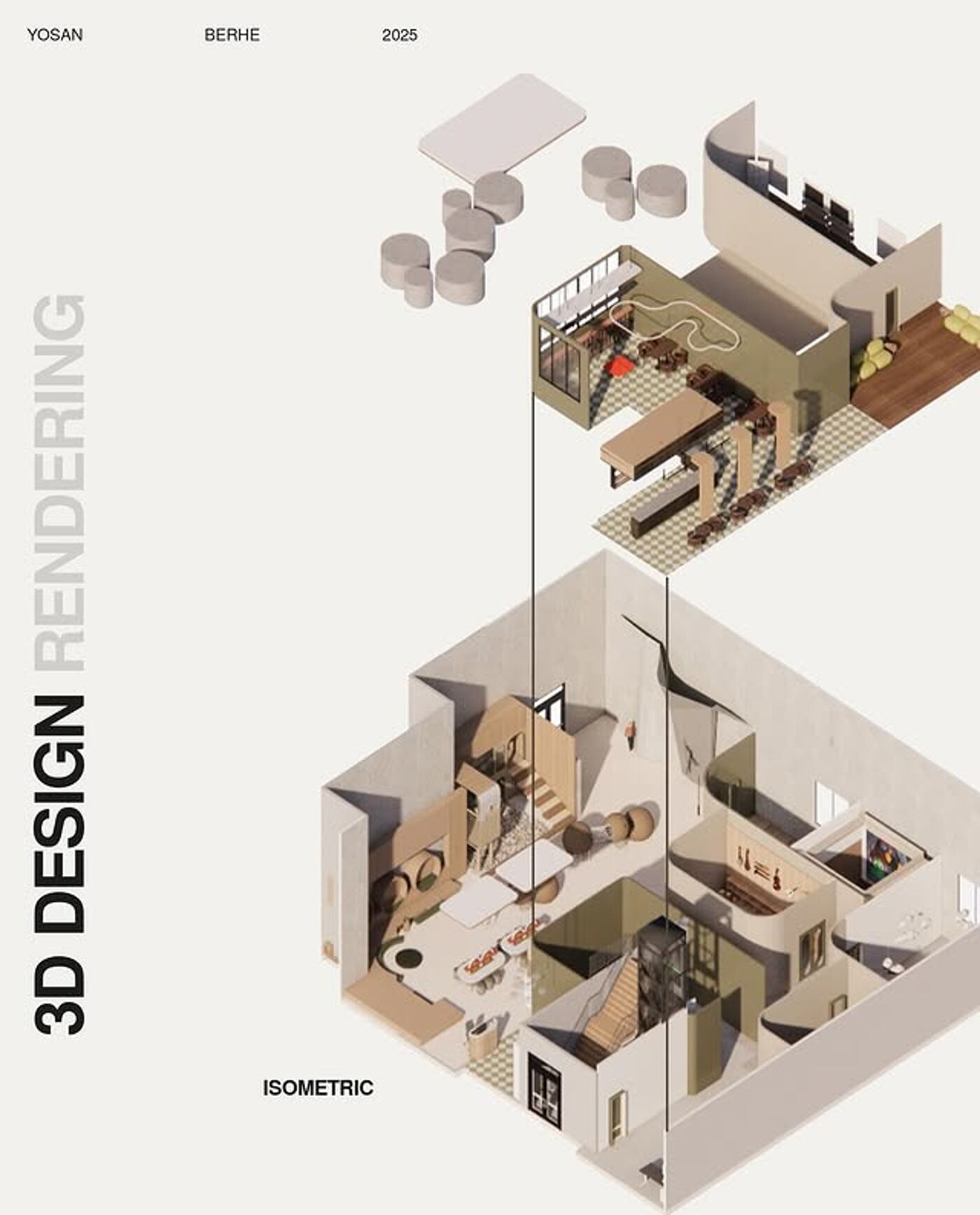 This image displays an isometric 3D rendering of an interior architectural design, detailing spaces with furniture and structural elements.